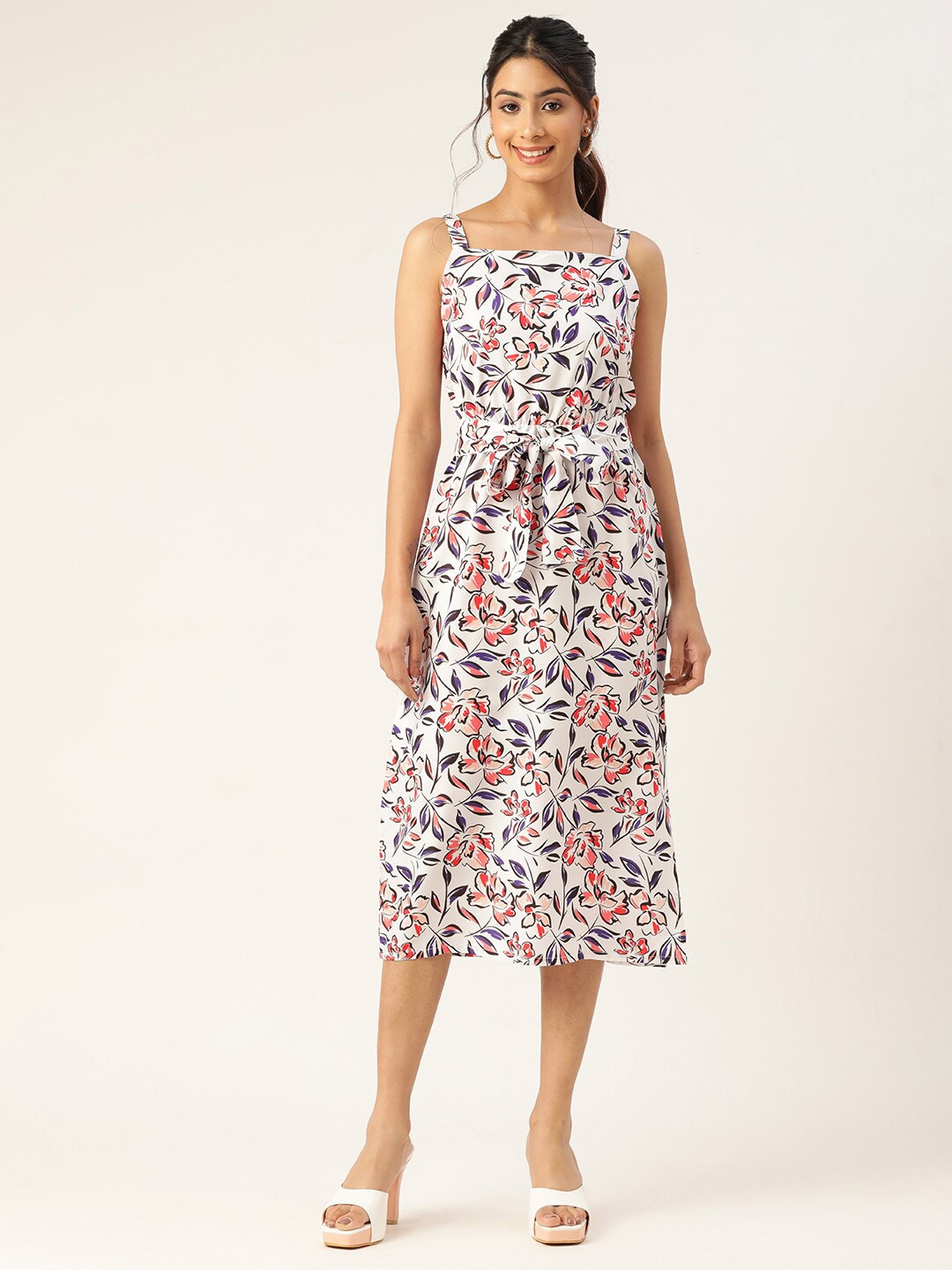 

Sleek Italia Floral Print Crepe Fit & Flare Midi Dress, White