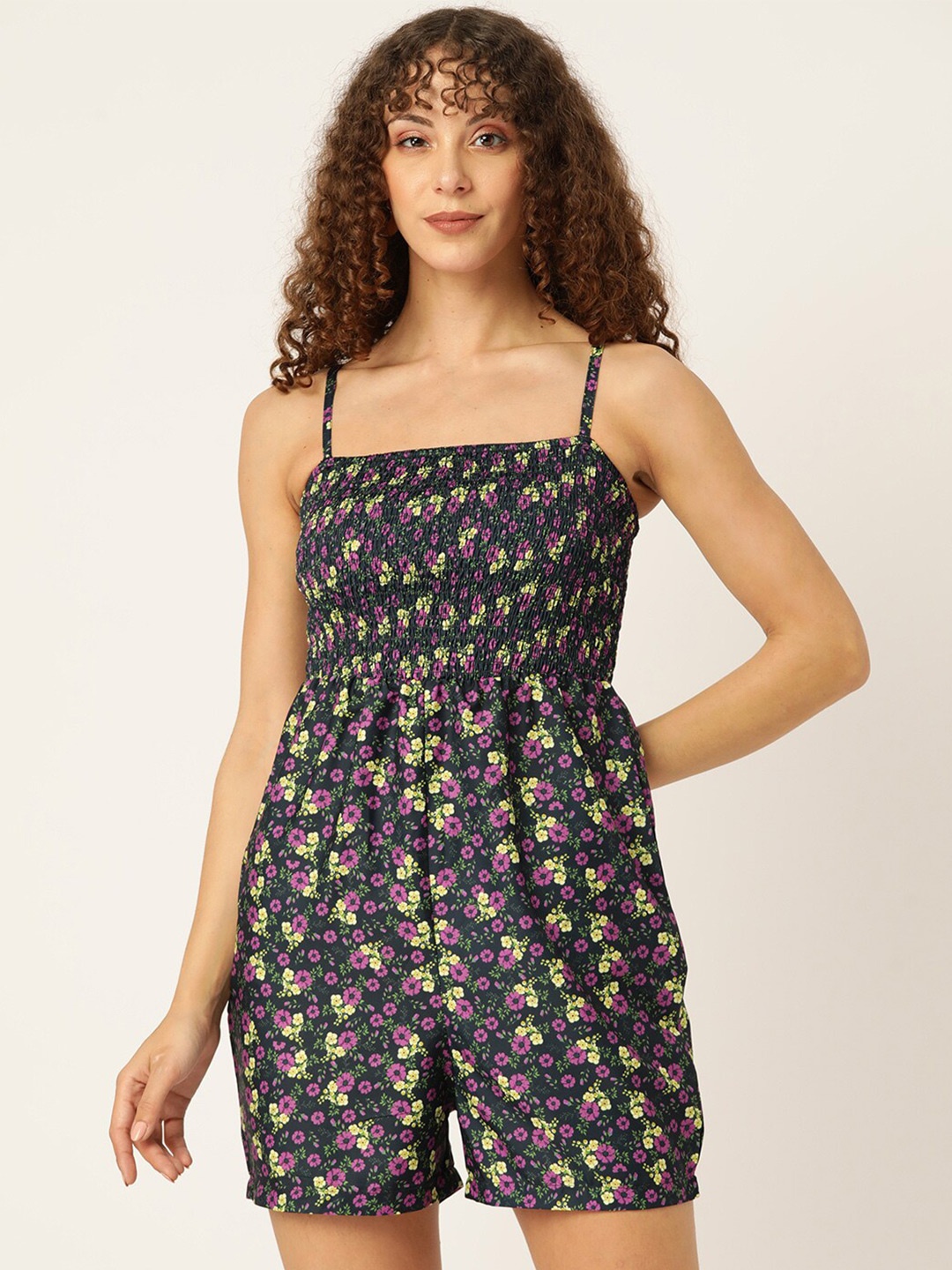 

Sleek Italia Floral Printed Playsuit With Smocking Detail, Navy blue