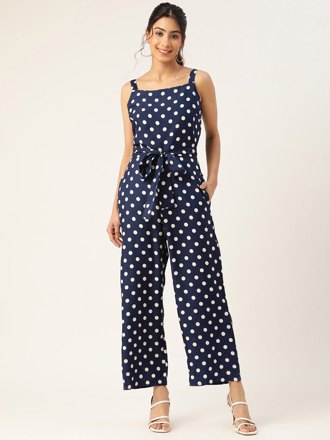 

Sleek Italia Polka Dot Printed Basic Jumpsuit, Navy blue