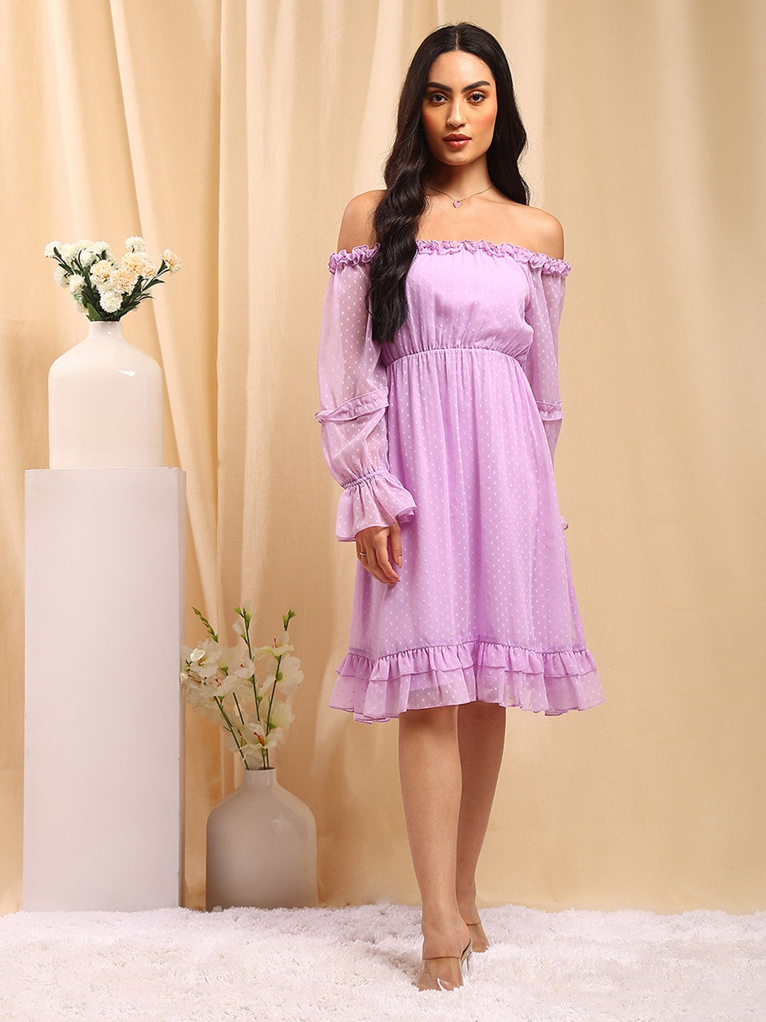 

TRENDY DIVVA Dobby Off Shoulder Knee Length Casual Dress, Lavender