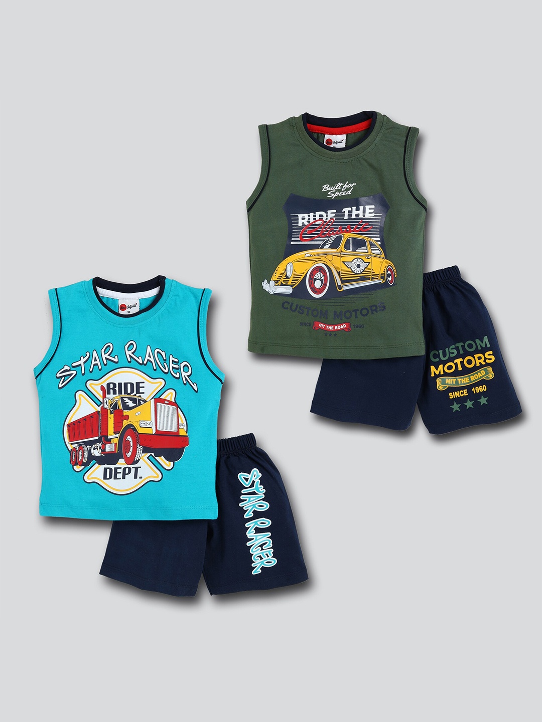 

Mars Infiniti Pack of 2 Infants Boys Printed Pure Cotton T-shirt & Shorts, Blue