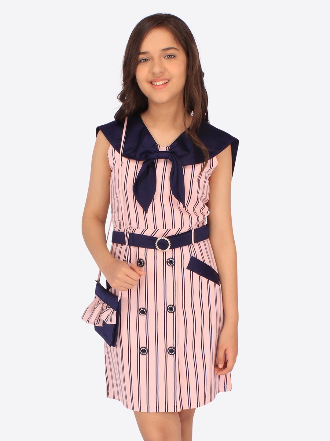 

CUTECUMBER Girls Striped Georgette A-Line Dress, Pink