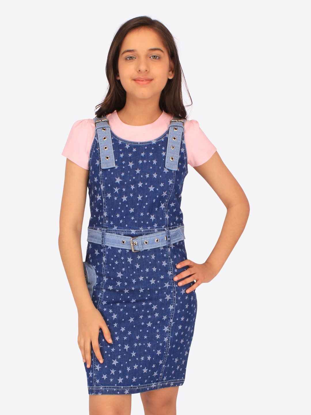 

CUTECUMBER Girls Star Printed Pinafore Dress With Belt, Blue