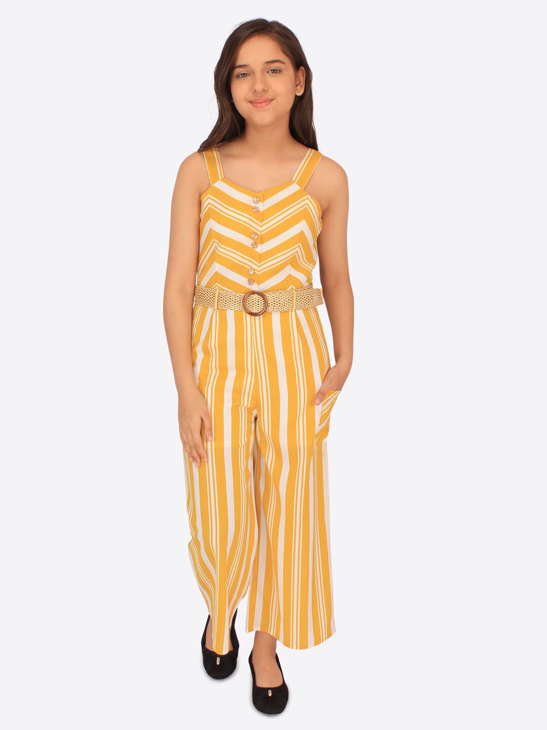

CUTECUMBER Girls Striped Embellished Basic Jumpsuit, Yellow