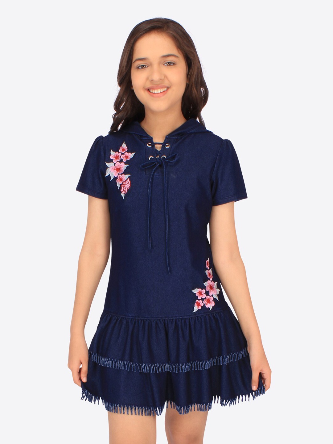 

CUTECUMBER Girls Floral Tie-Up Neck Denim Drop-Waist Dress, Navy blue