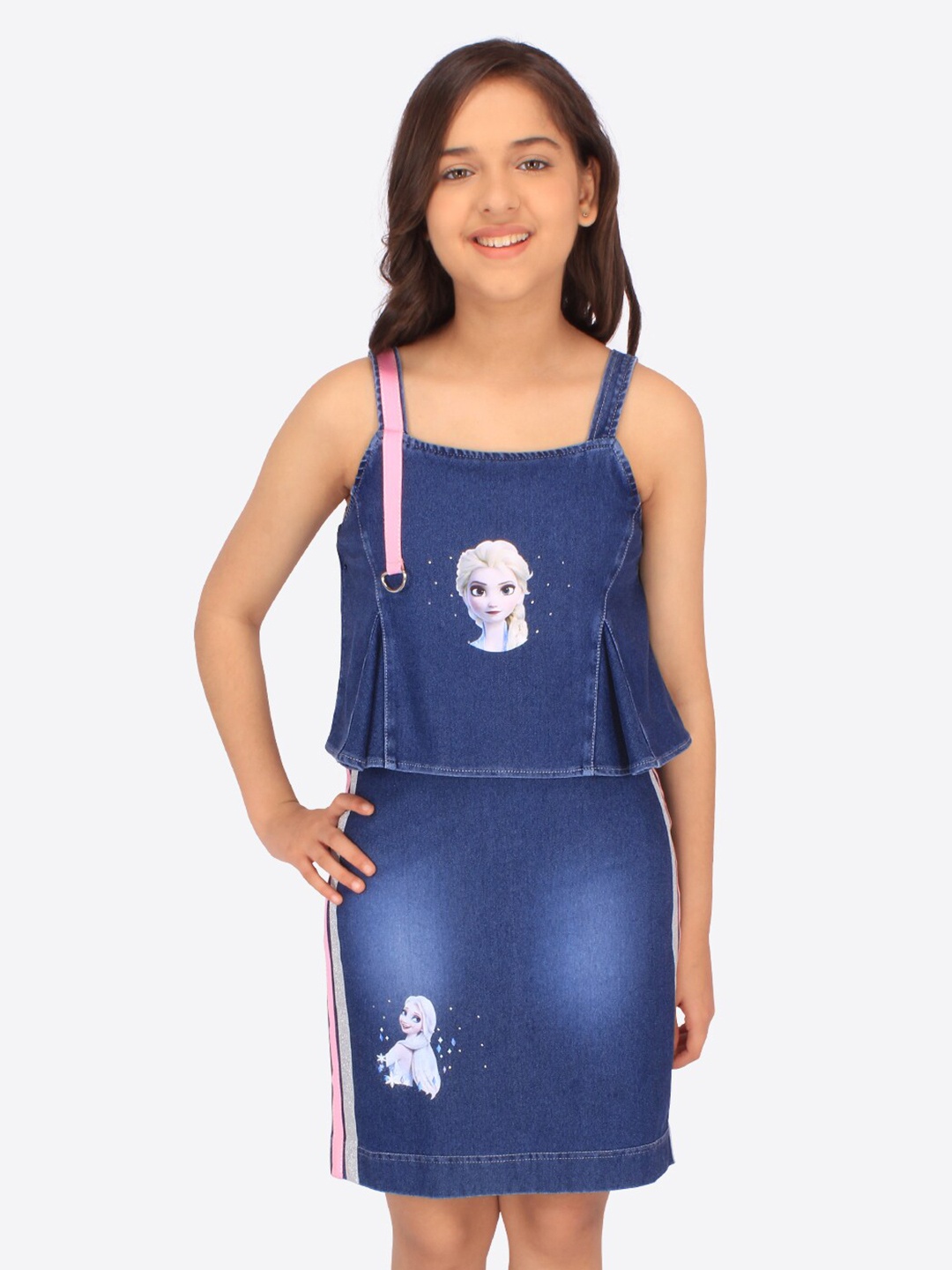

CUTECUMBER Frozen Printed Shoulder Straps Denim Sheath Dress, Blue