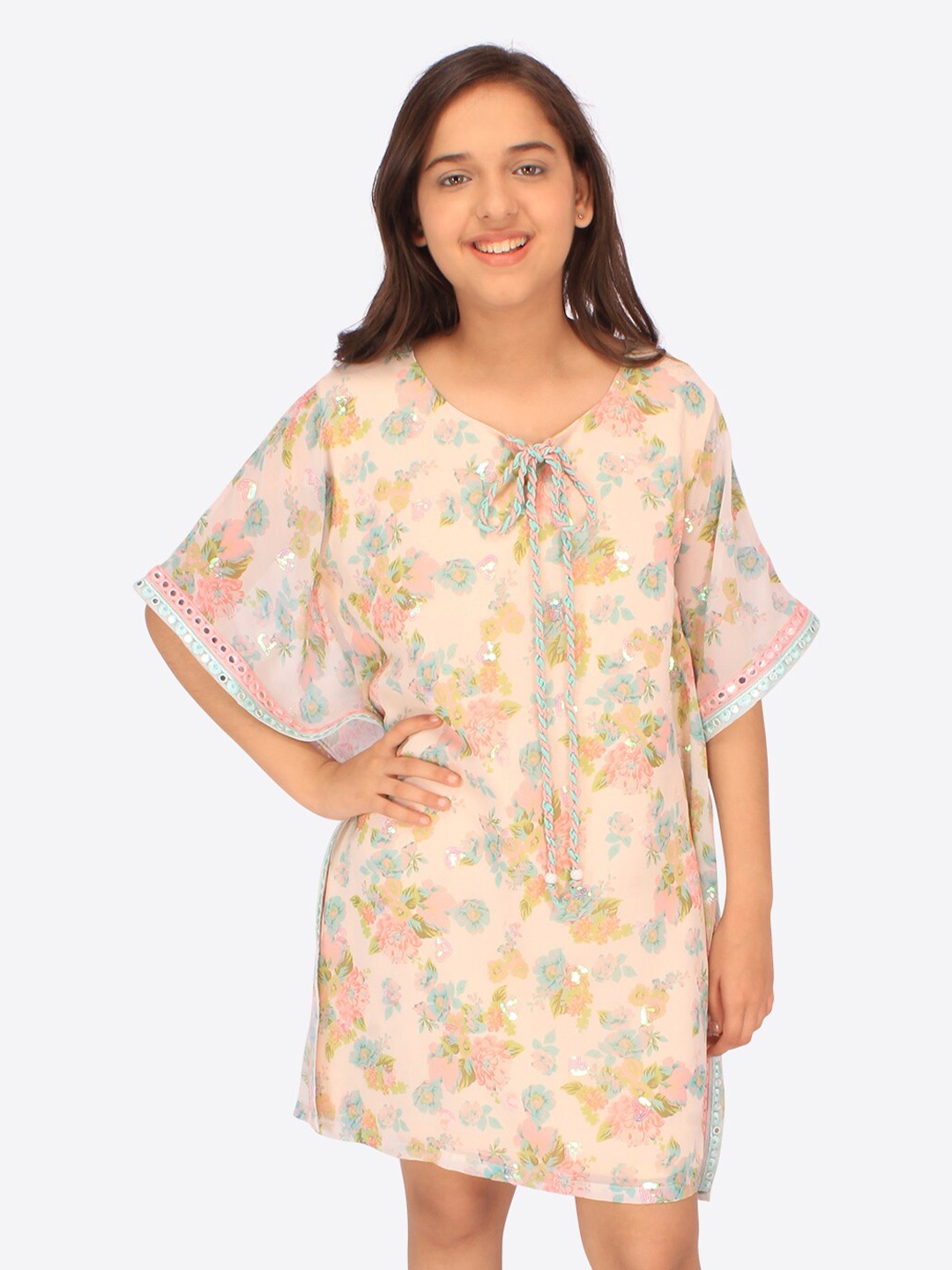 

CUTECUMBER Girls Floral Printed Embellished Kaftan Dress, Peach