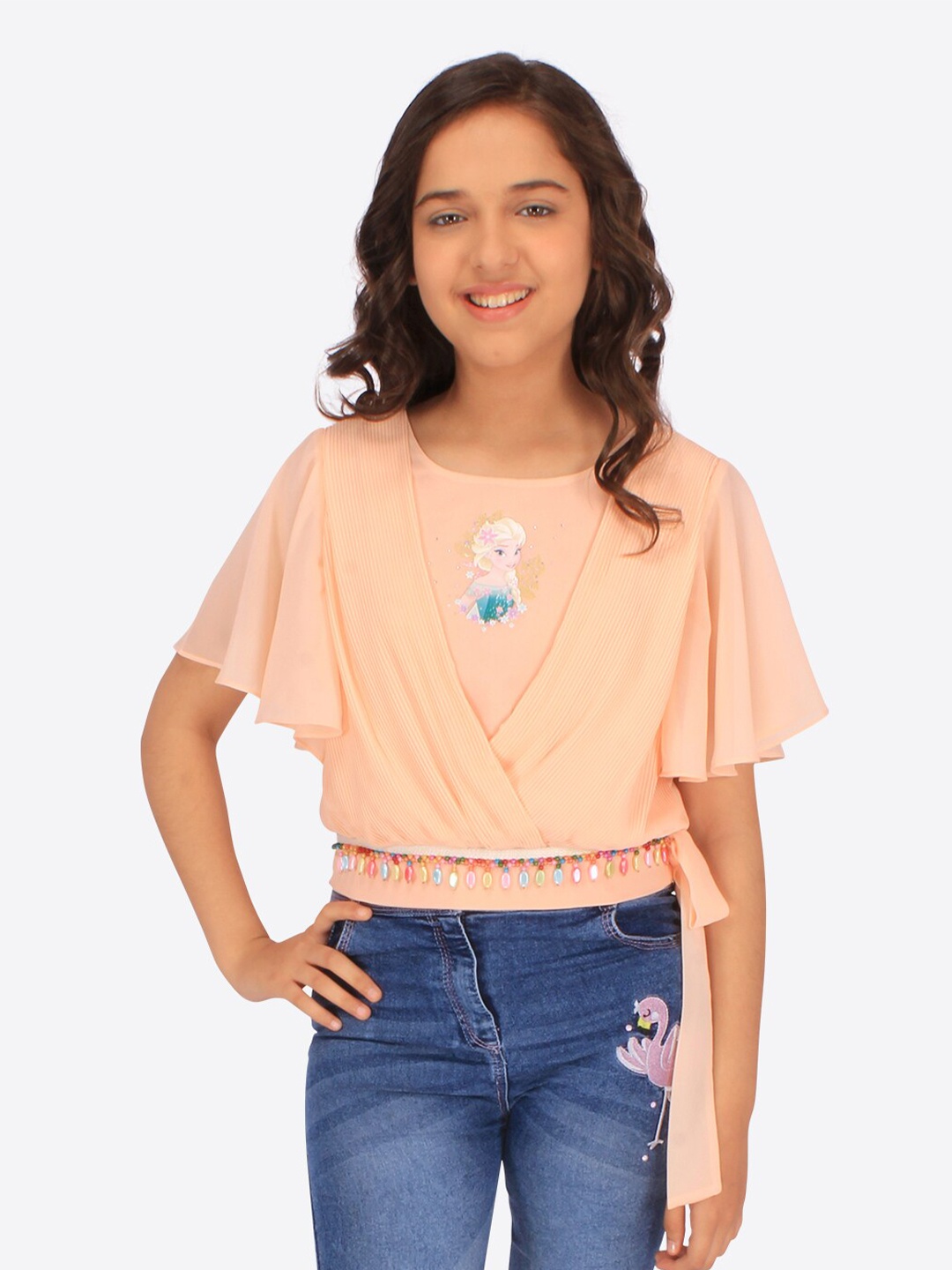 

CUTECUMBER Girls Frozen Printed Flared Sleeves Embellished Waist Tie-Ups Wrap Top, Peach