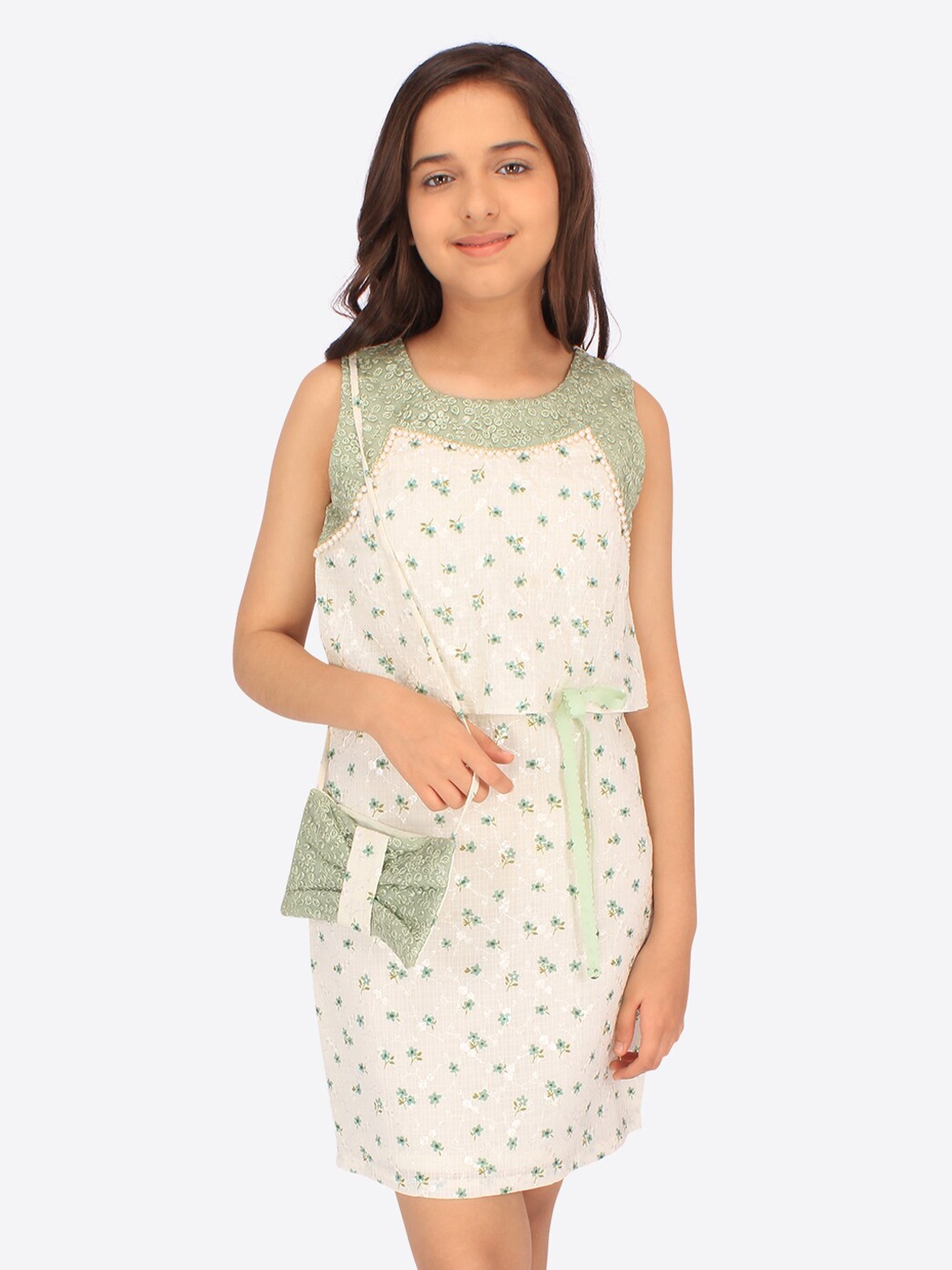 

CUTECUMBER Girls Print Georgette A-Line Dress, Cream