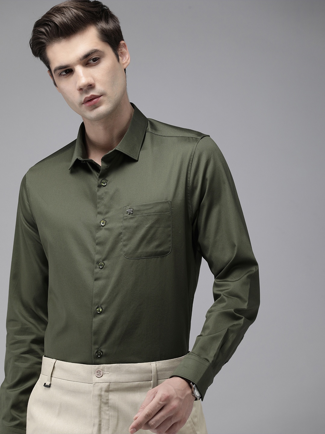 

THE BEAR HOUSE Pure Cotton Slim Fit Opaque Formal Shirt, Green