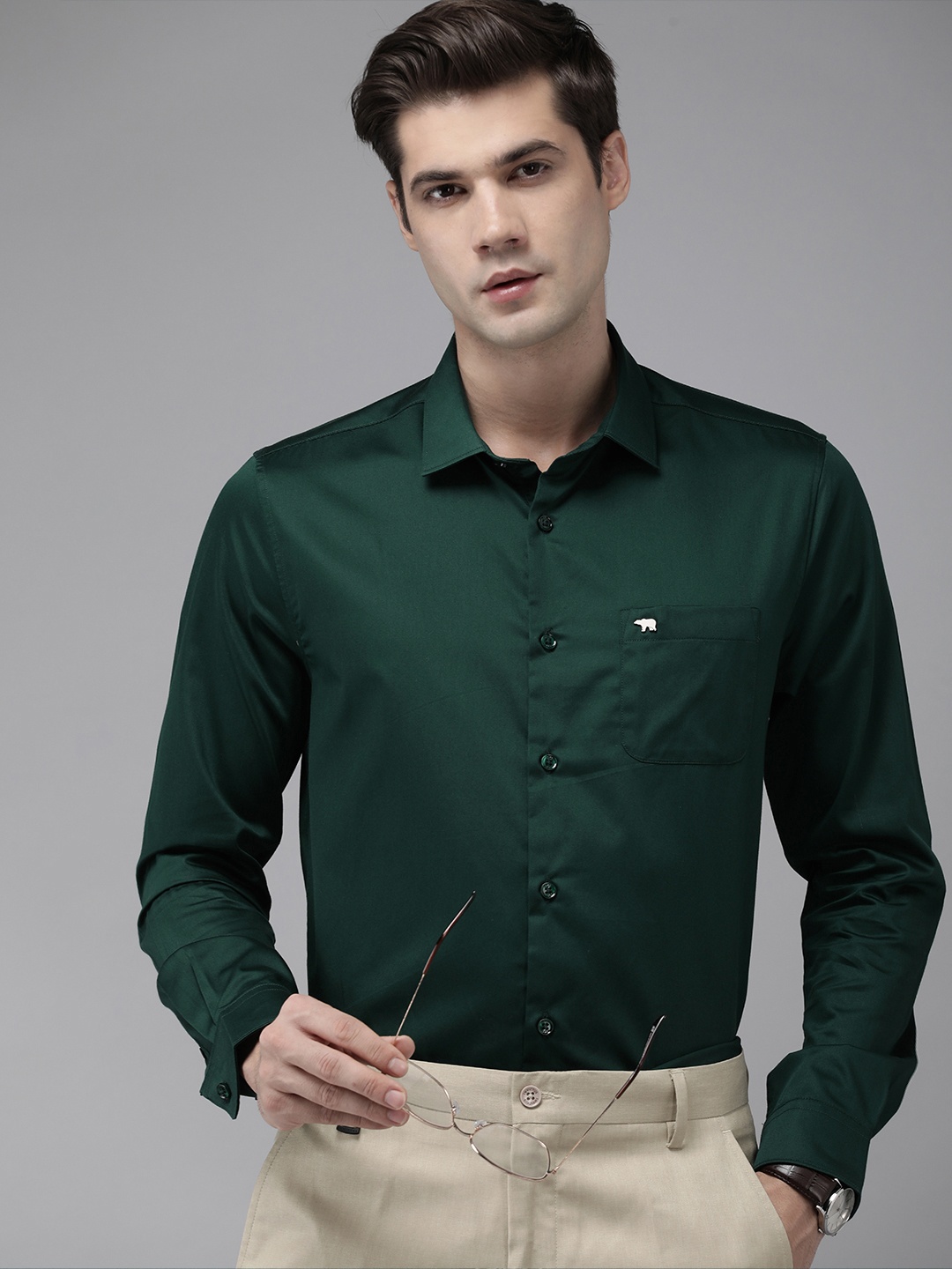 

THE BEAR HOUSE Pure Cotton Slim Fit Opaque Formal Shirt, Green