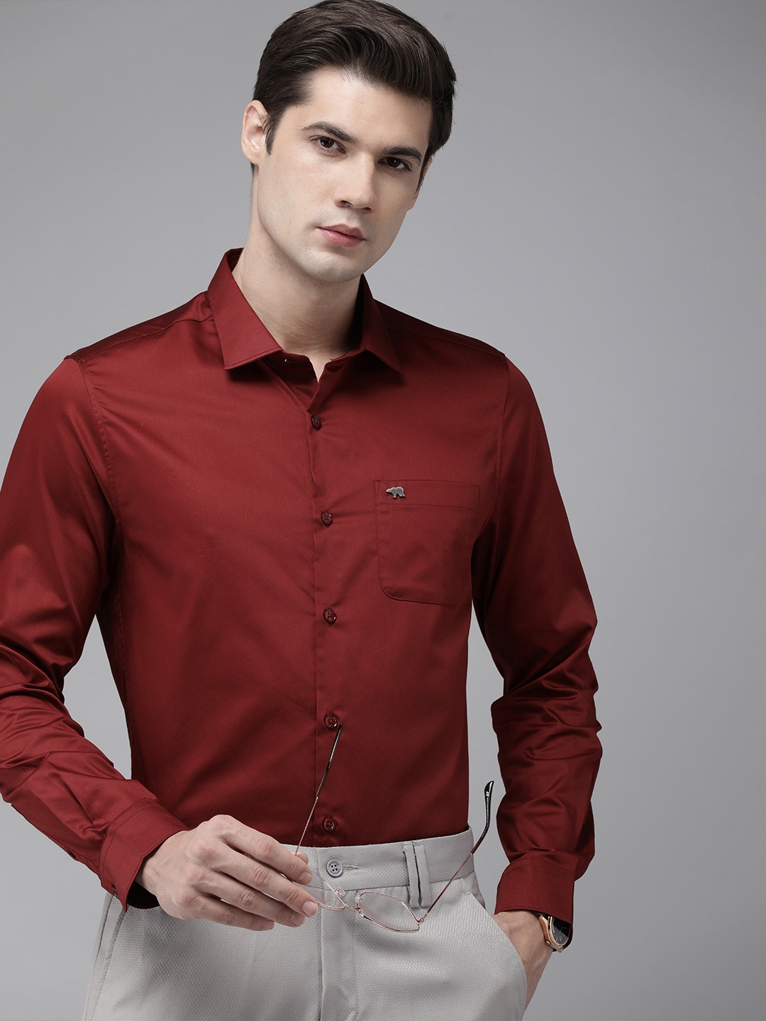 

THE BEAR HOUSE Pure Cotton Slim Fit Opaque Formal Shirt, Red