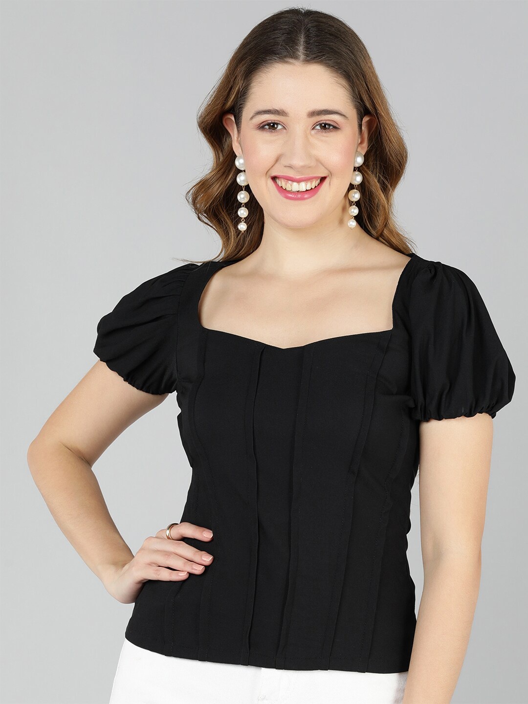 

Golden Kite Pleated Square Neck Puff Sleeves Top, Black