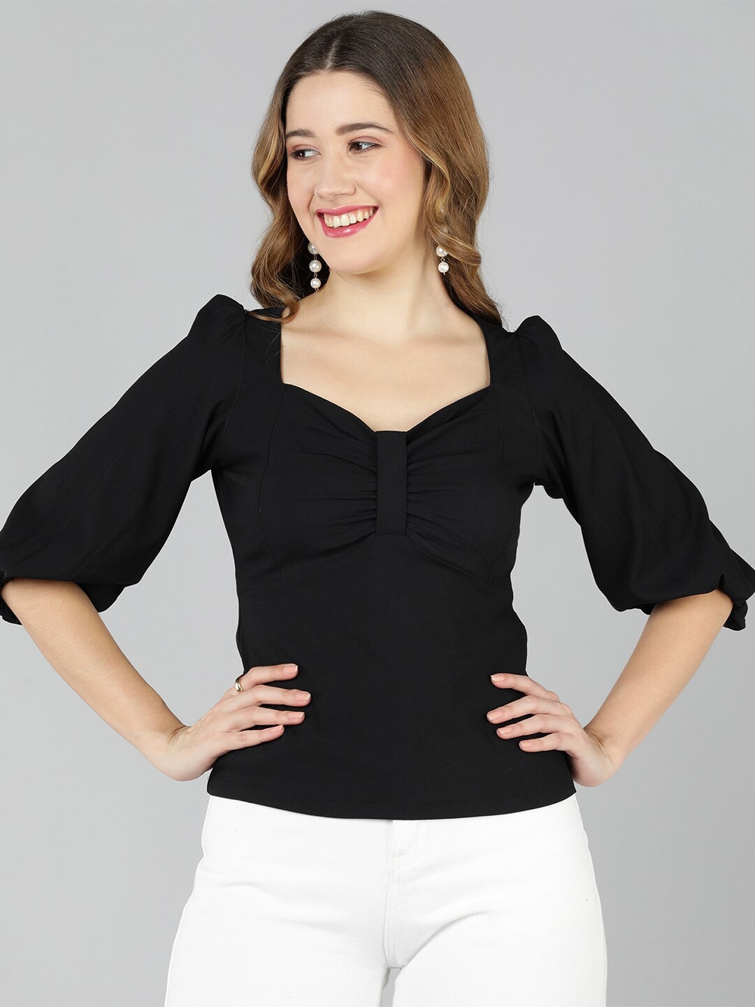 

Golden Kite Sweetheart Neck Puff Sleeves Fitted Top, Black