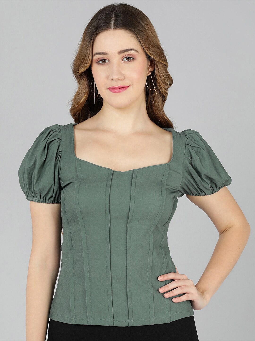 

Golden Kite Sweetheart Neck Puff Sleeves Casual Top, Green