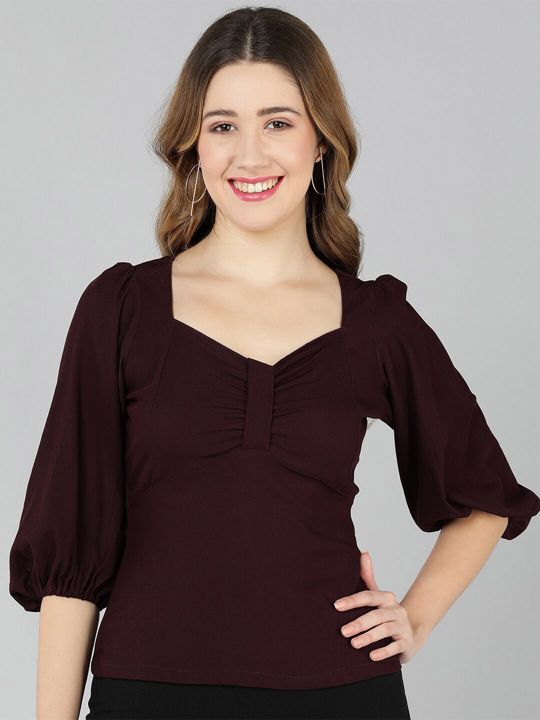 

Golden Kite Sweetheart Neck Bishop Sleeves Top, Burgundy