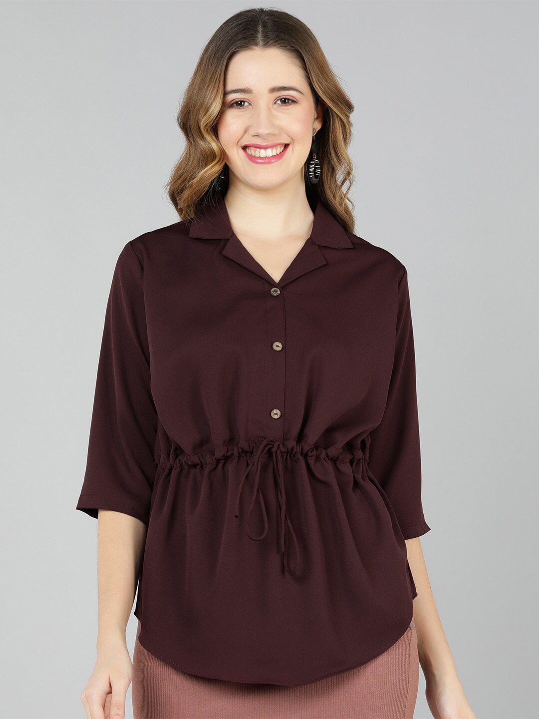 

Golden Kite Tie-Up Detail Shirt Collar Cinched Waist Top, Burgundy