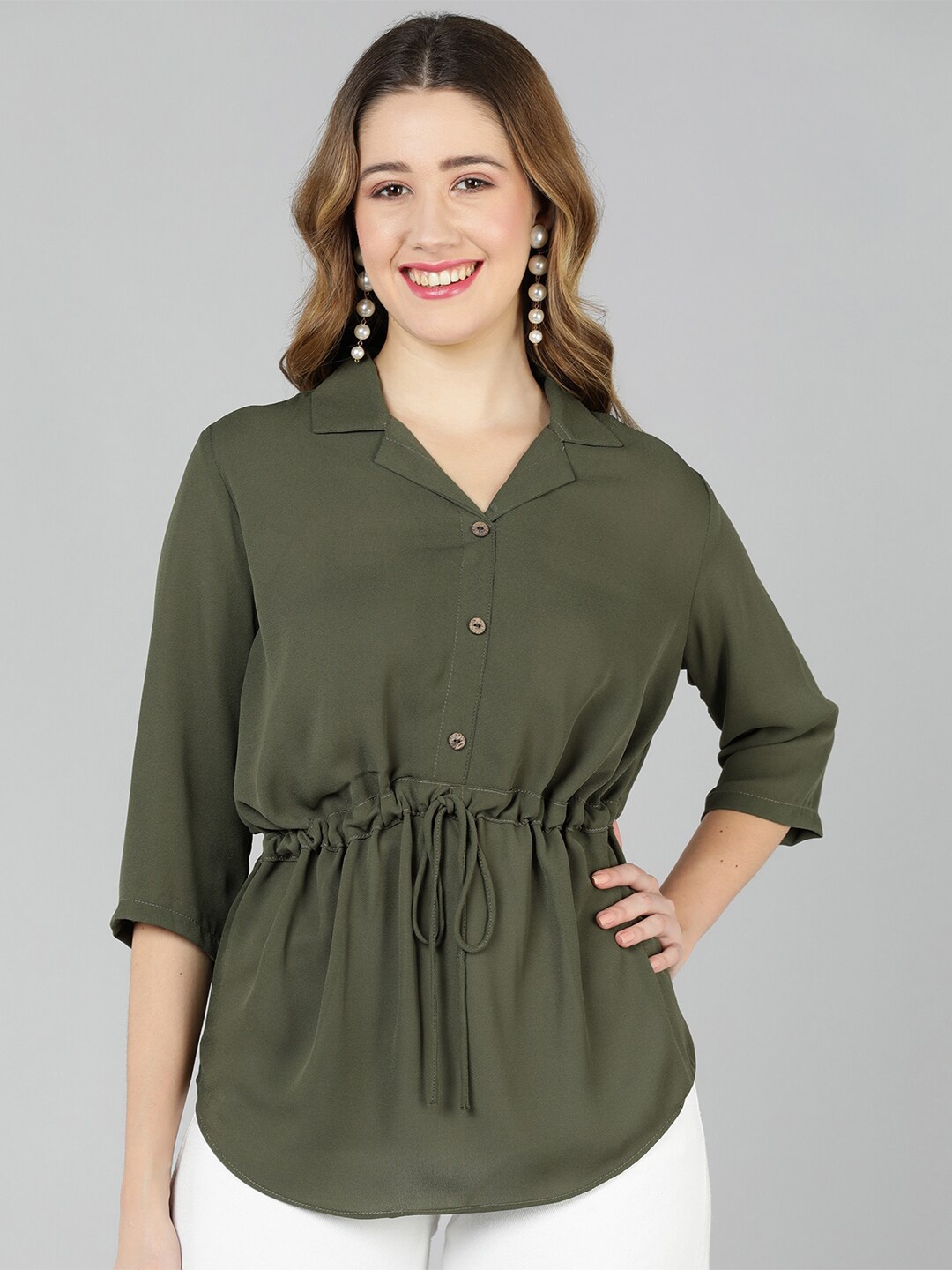 

Golden Kite Shirt Collar Tie-Up Detail Georgette Cinched Waist Top, Green