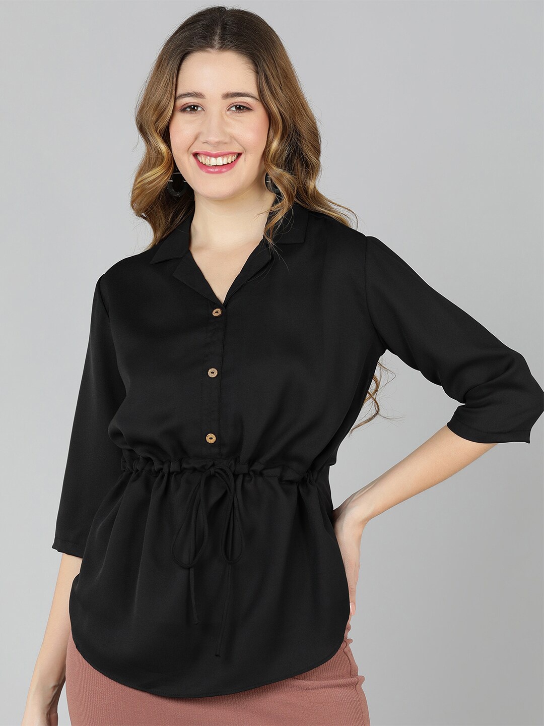 

Golden Kite Shirt Collar Tie-Up Detail Georgette Cinched Waist Top, Black