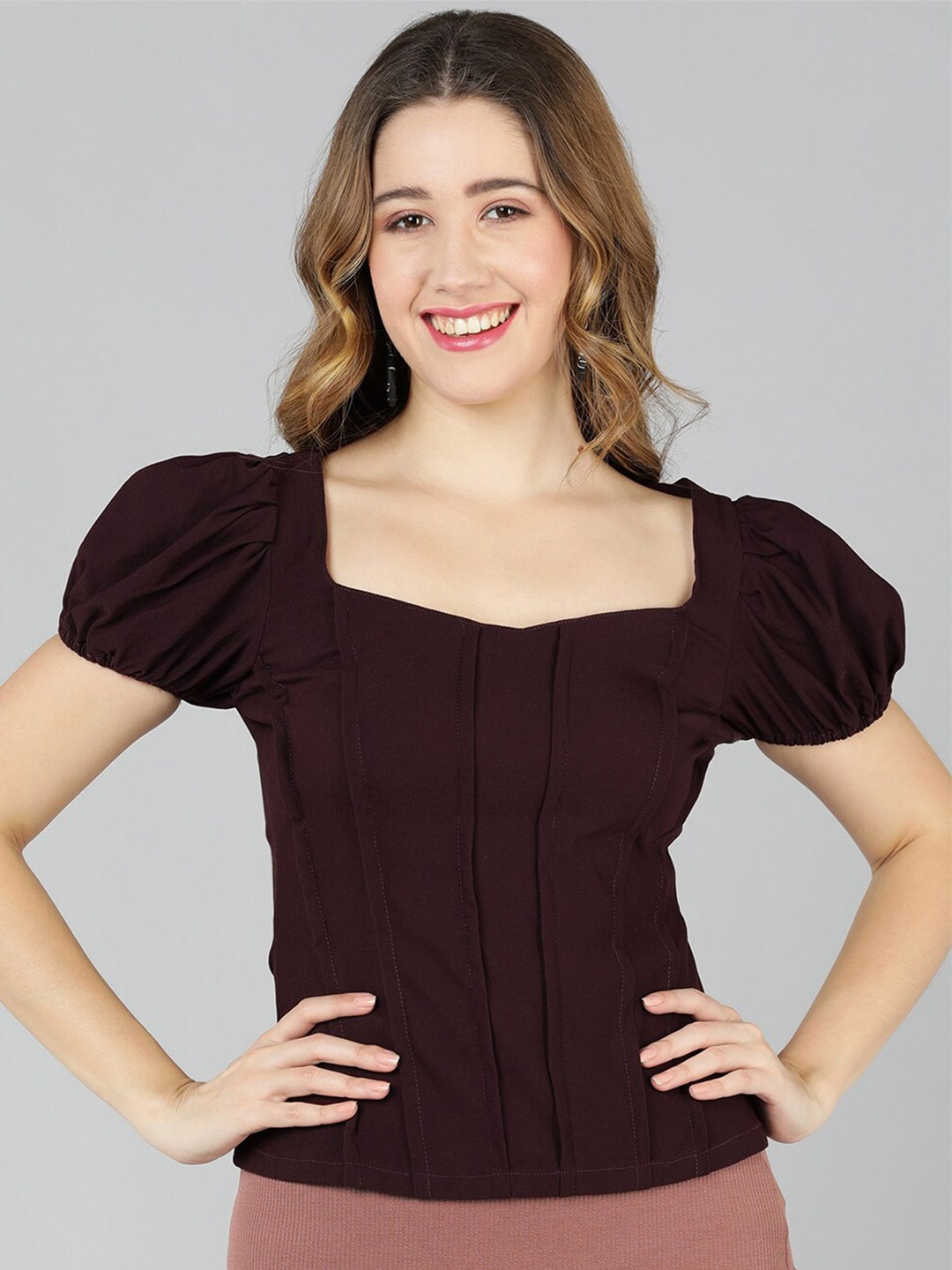 

Golden Kite Sweetheart Neck Puff Sleeves Casual Top, Burgundy