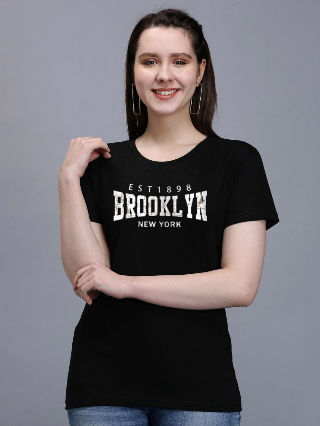 

TRENDY RABBIT Typography Printed Round neck Cotton T-shirt, Black