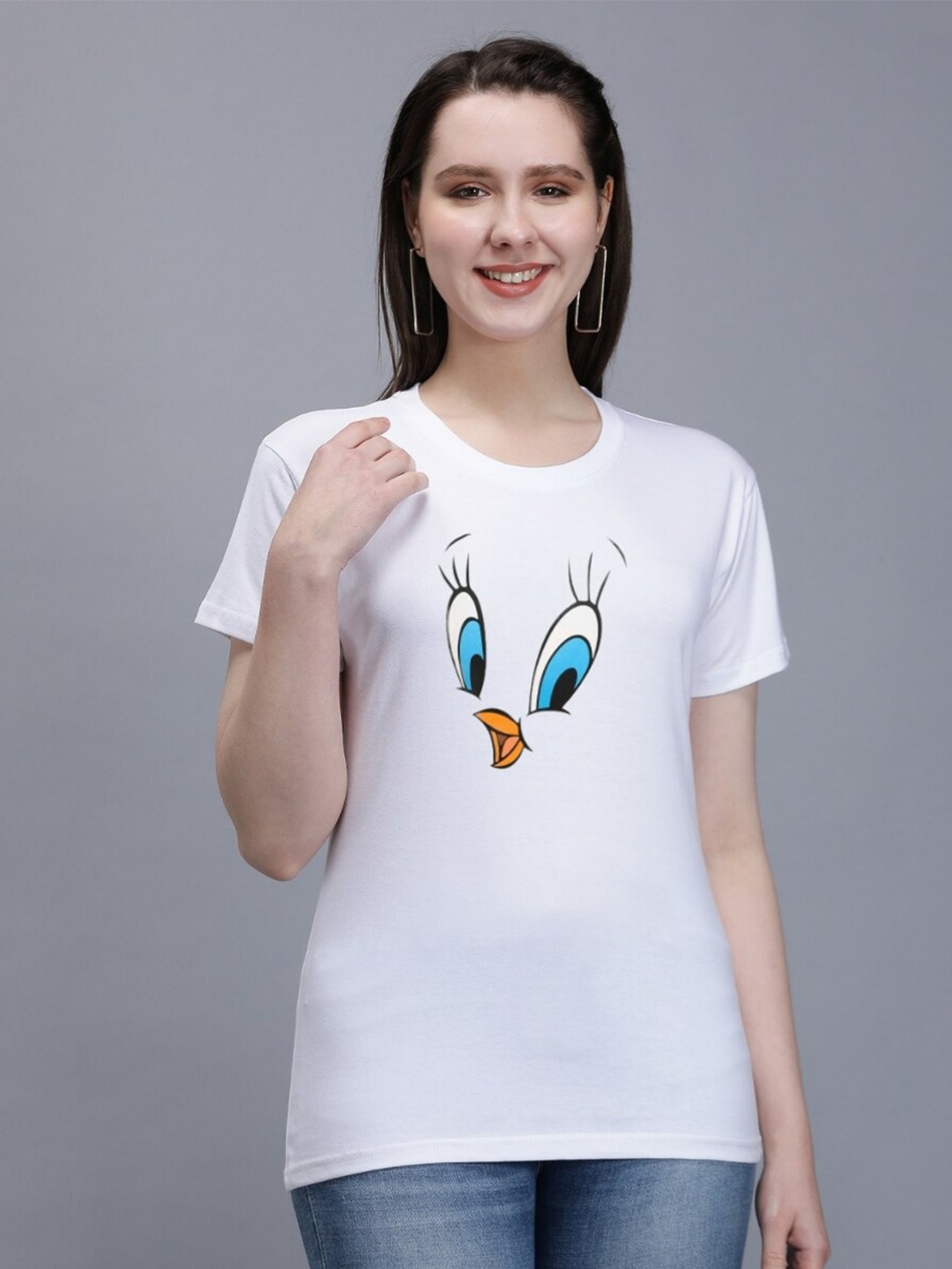 

TRENDY RABBIT Tweety Bird Duck Printed Cotton T-shirt, White
