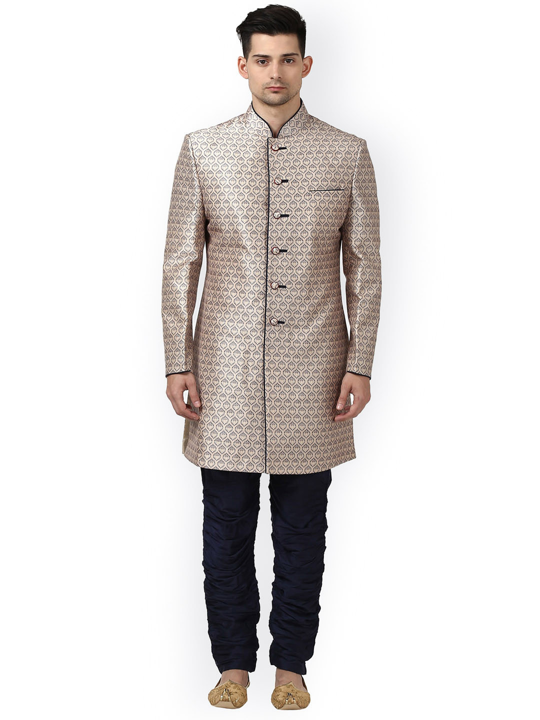 

ethnix by Raymond Men Beige & Navy Blue Self-Design Kurta with Churidar