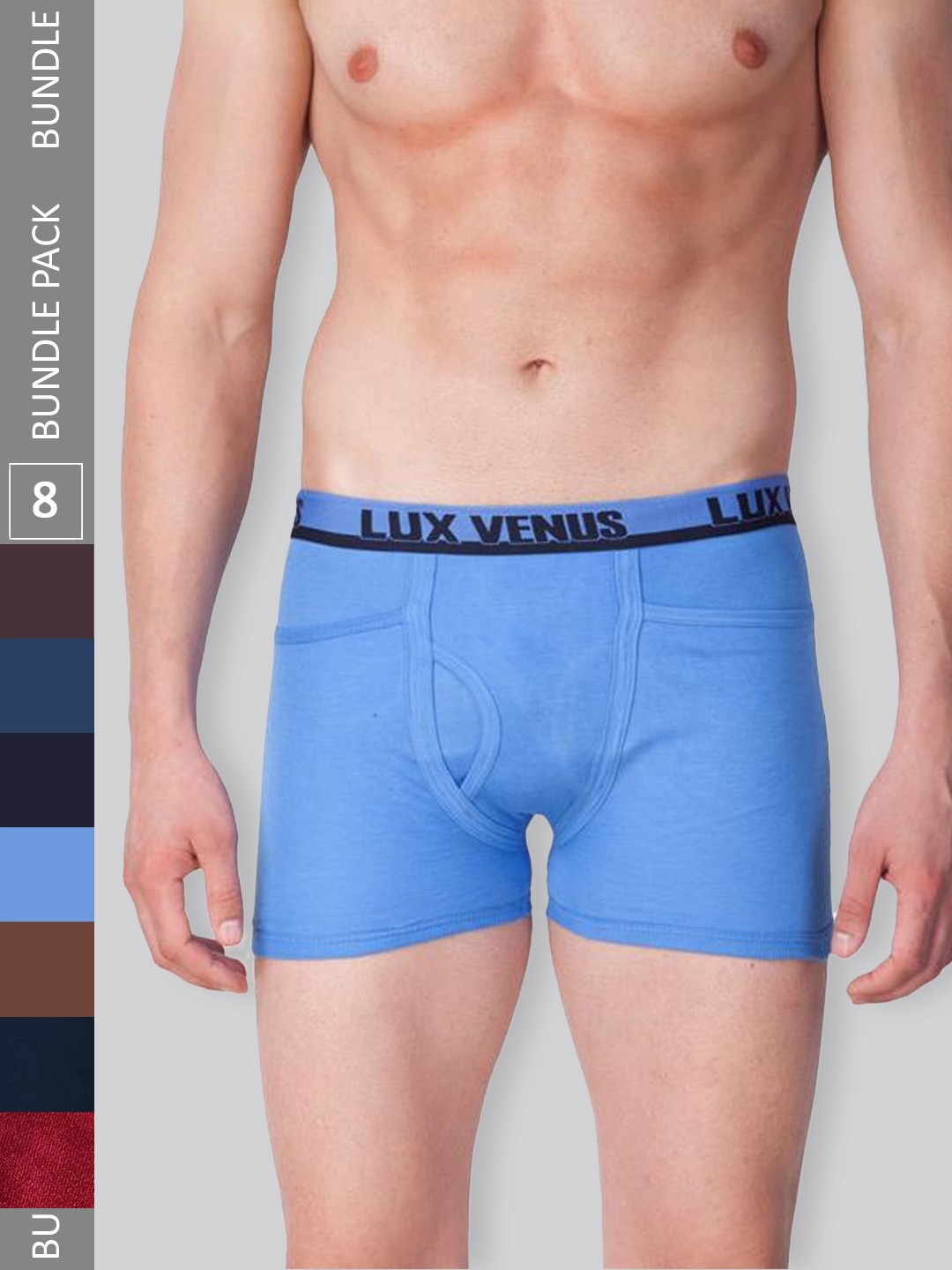 

LUX VENUS Men Pack Of 8 Mid-Rise Assorted Pure Cotton Trunks VENUS_PKT_DRW_AST_105_8PC