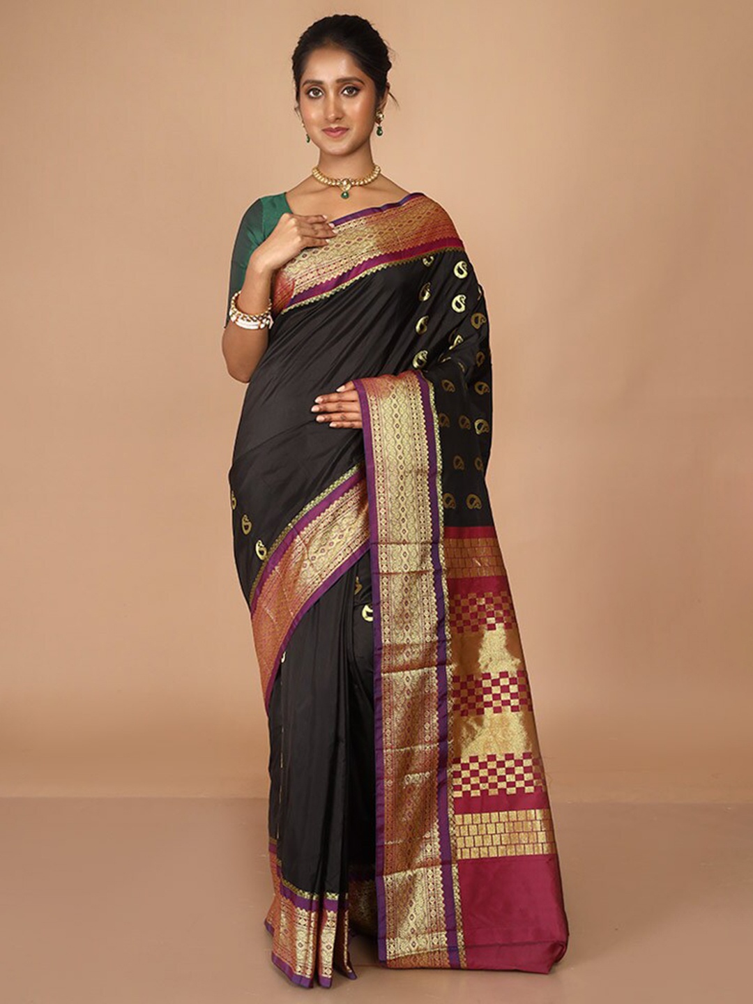 

AllSilks Paisley Zari Kanjeevaram Saree, Black