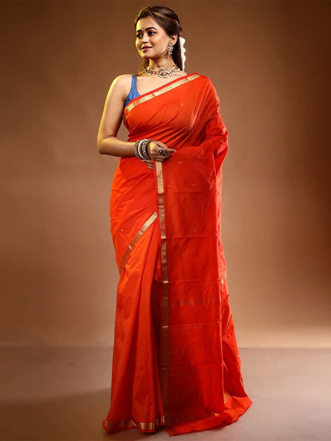 

AllSilks Ethnic Motifs Woven Design Zari Silk Blend Kanjeevaram Saree, Rust