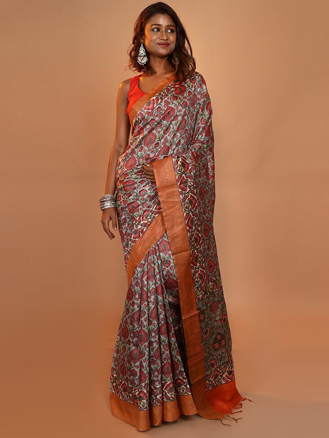 

AllSilks Ethnic Motifs Printed Zari Tussar Saree, Off white