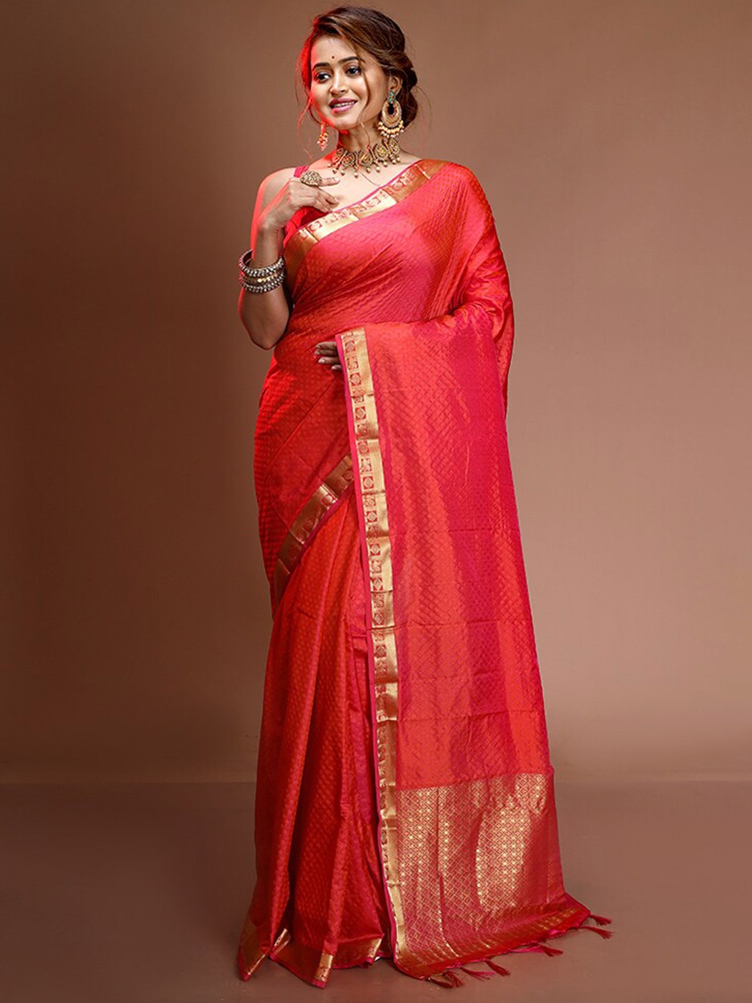 

AllSilks Ethnic Motif Woven Design Zari Kanjeevaram Saree, Pink