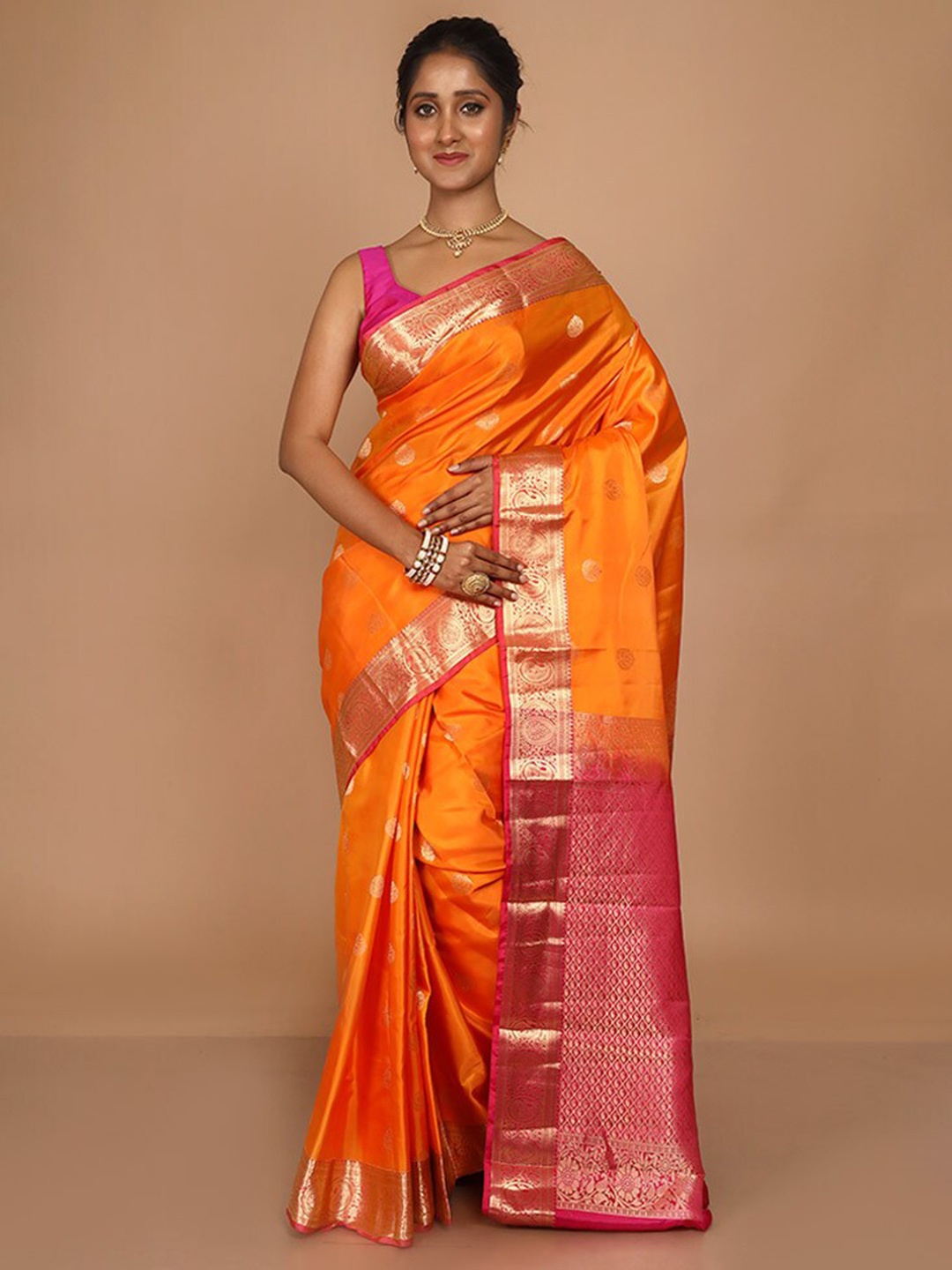 

AllSilks Ethnic Motif Woven Design Zari Kanjeevaram Silk Saree, Orange