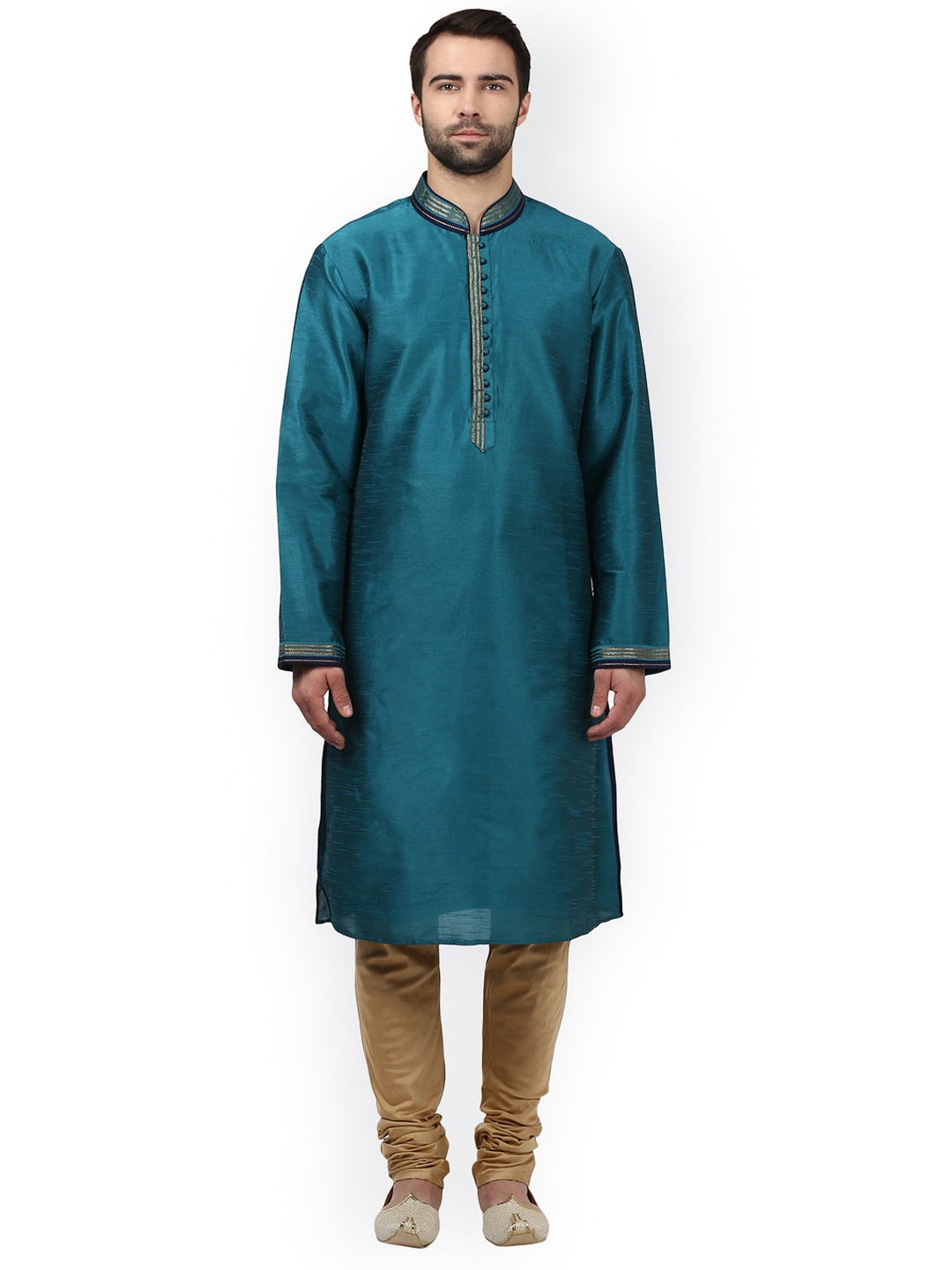 

ethnix by Raymond Men Teal Green & Beige Self-Design Kurta with Churidar