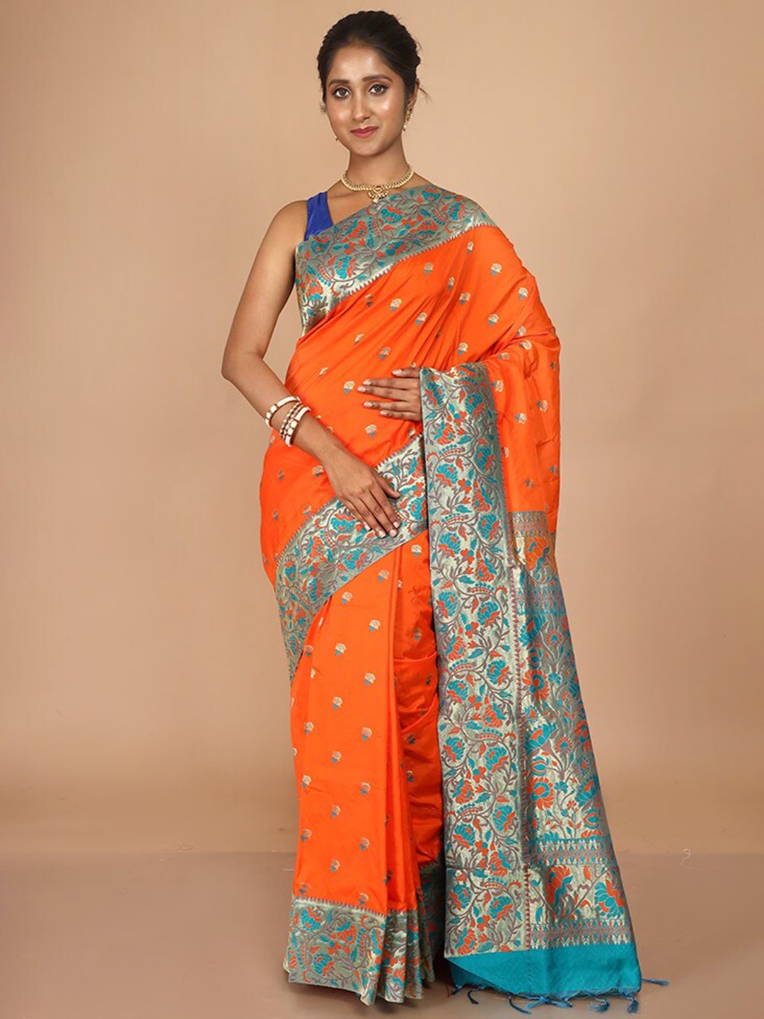 

AllSilks Ethnic Motifs Woven Design Zari Silk Blend Kanjeevaram Saree, Orange