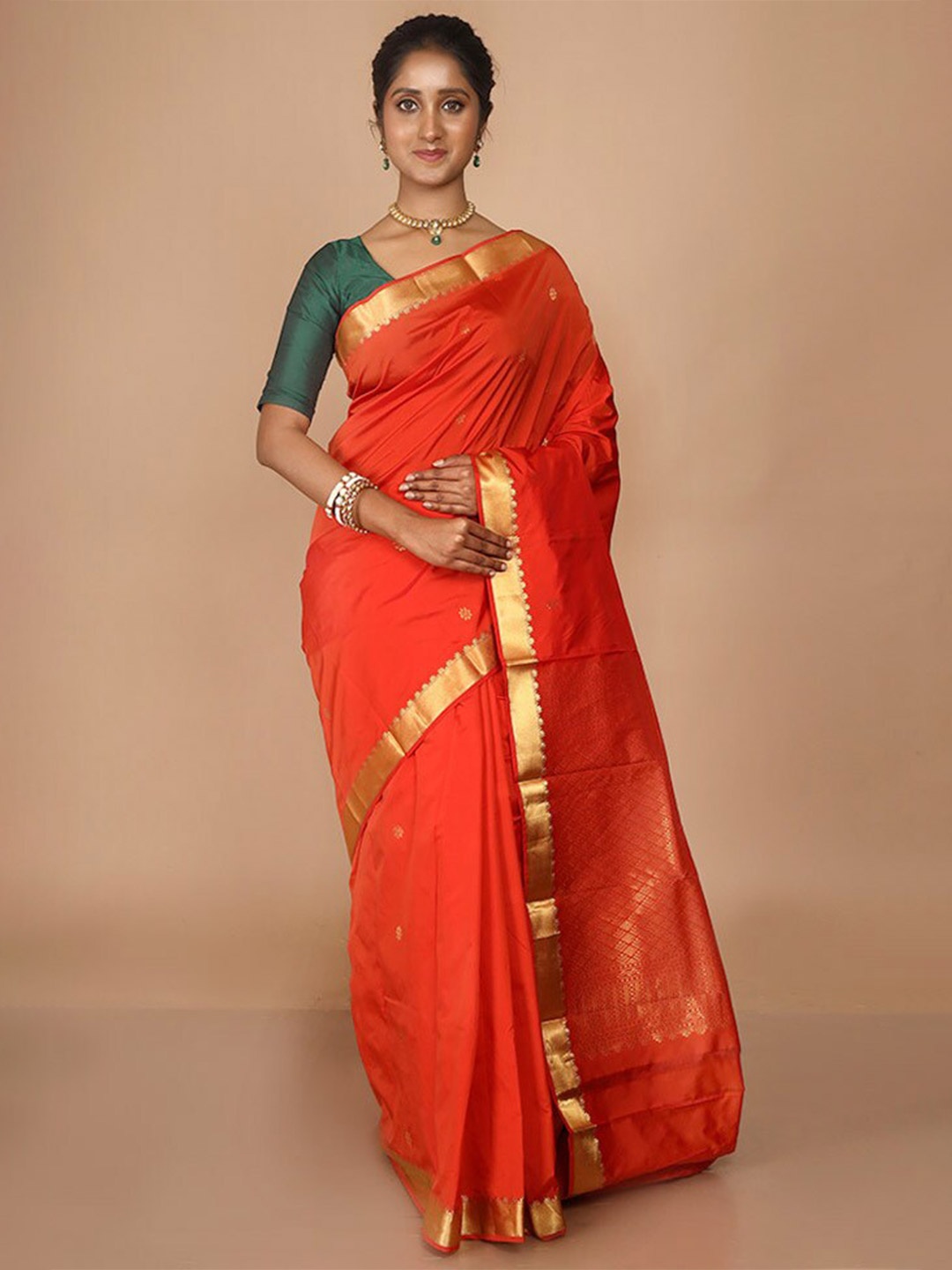 

AllSilks Ethnic Motifs Woven Design Zari Kanjeevaram Saree, Orange