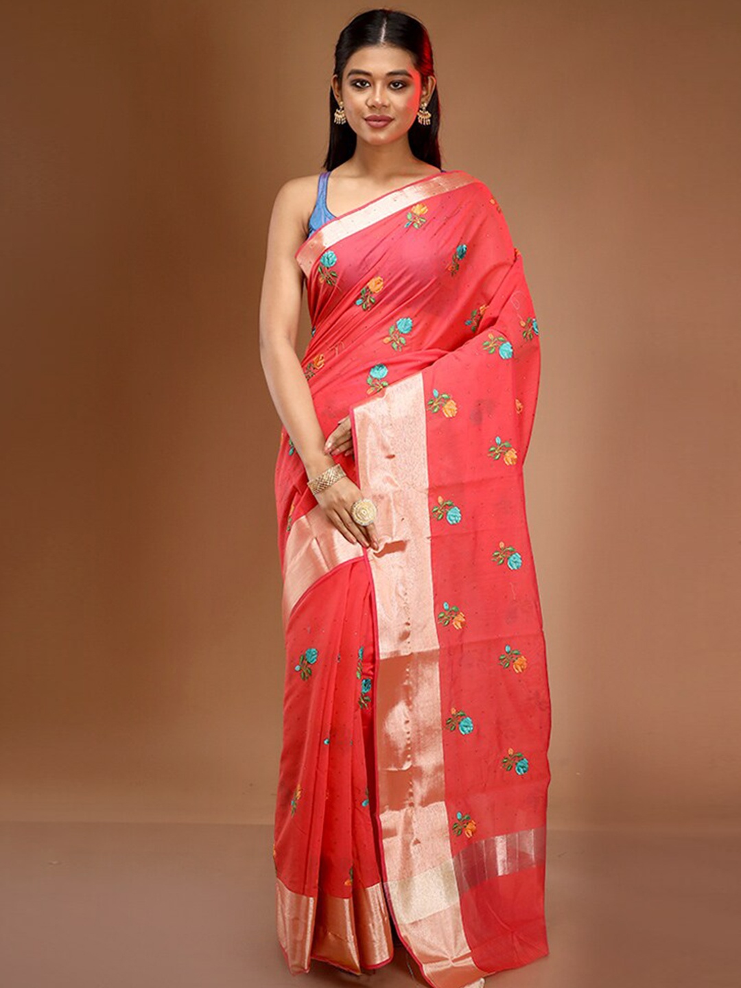 

AllSilks Floral Embroidered Saree, Pink