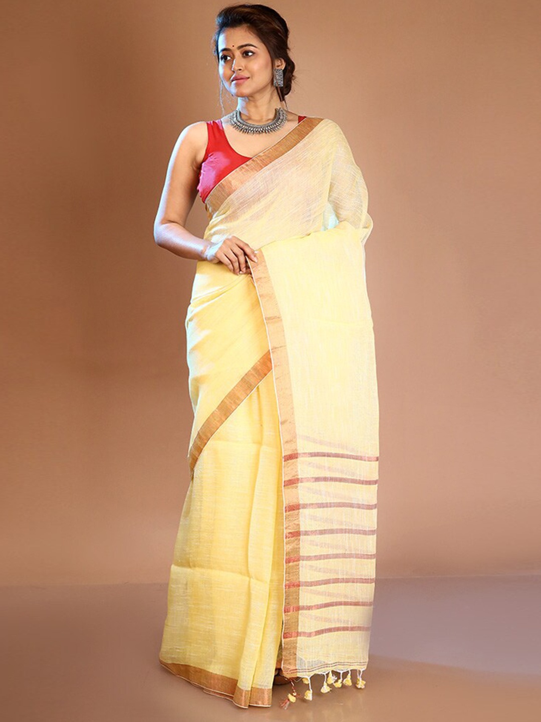 

AllSilks Zari Linen Silk Saree, Yellow