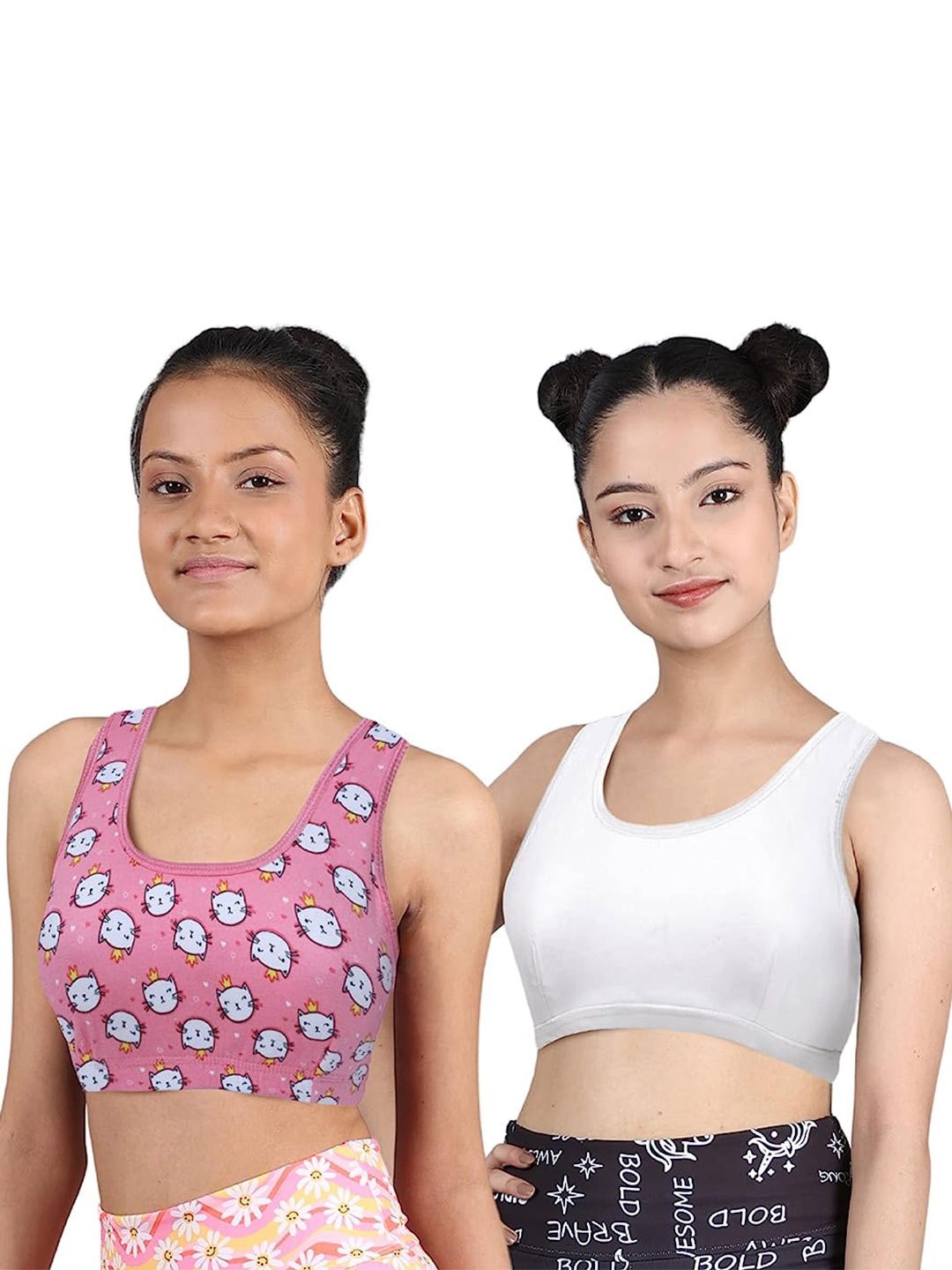 

DChica Pack Of 2 Printed Non Padded All Day Comfort Non-Wired Sports Workout Bra, Pink