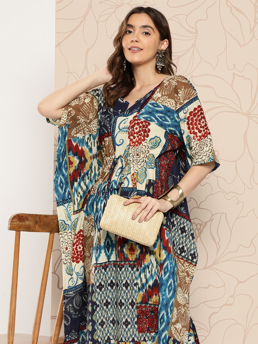 

Nayo Ethnic Motifs Printed Flared Sleeves Pure Cotton Kaftan Kurta, Multi