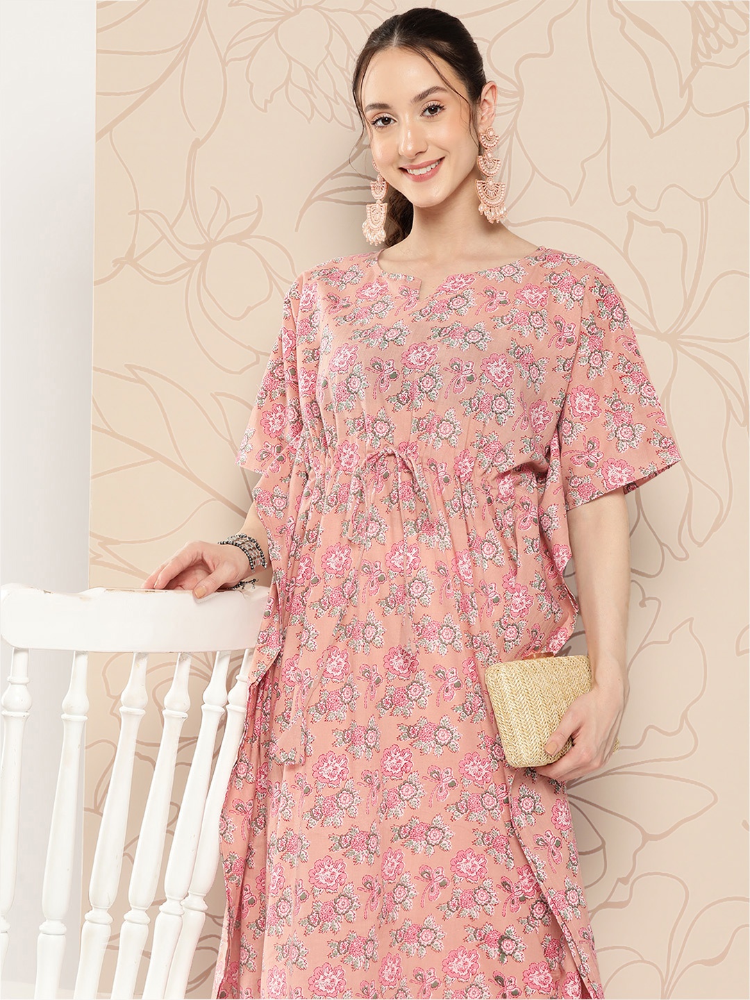 

Nayo Floral Printed Flared Sleeves Pure Cotton Kaftan Kurta, Pink