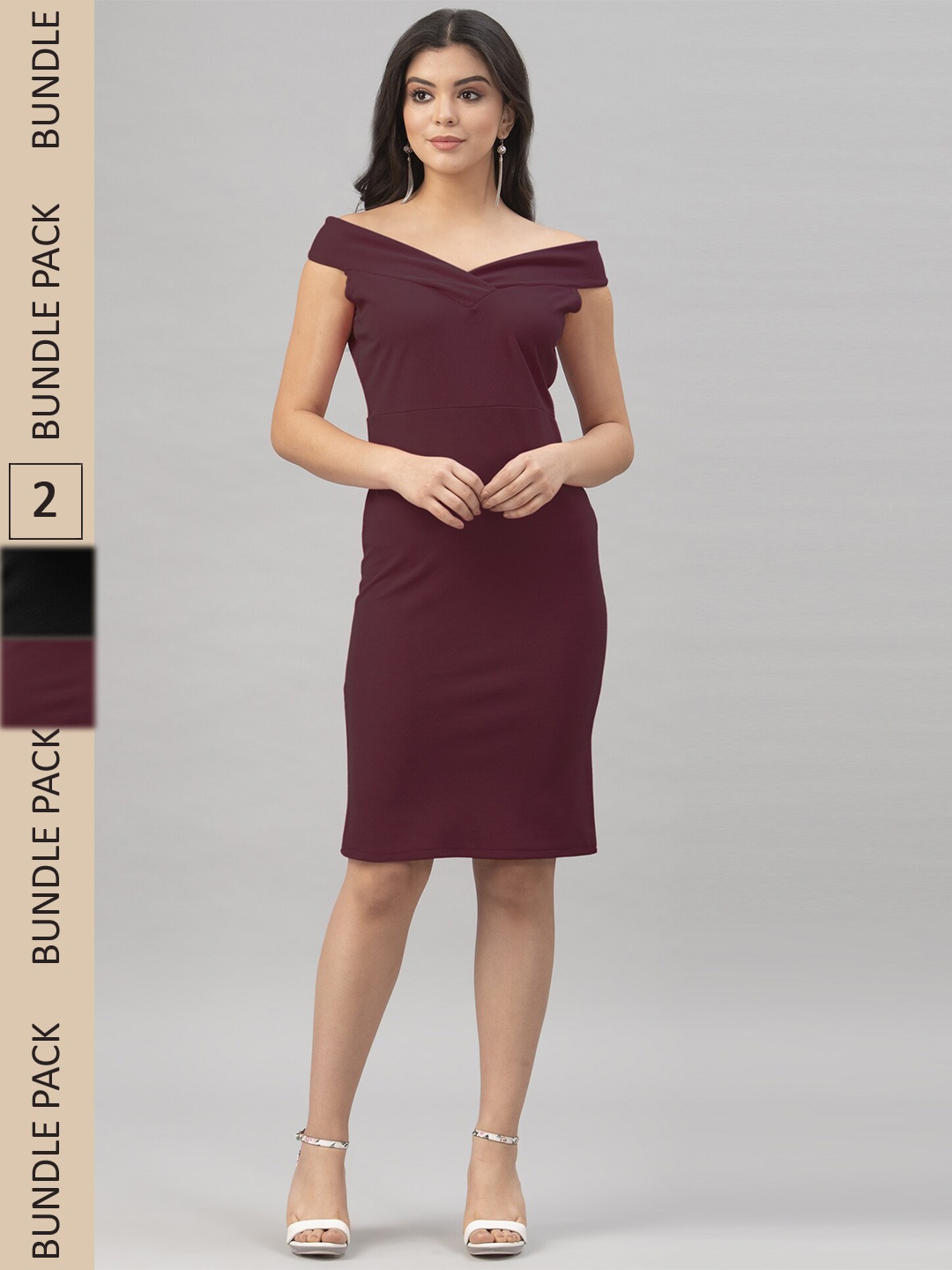 

Selvia Pack of 2 Off-Shoulder Sheath Dress, Brown