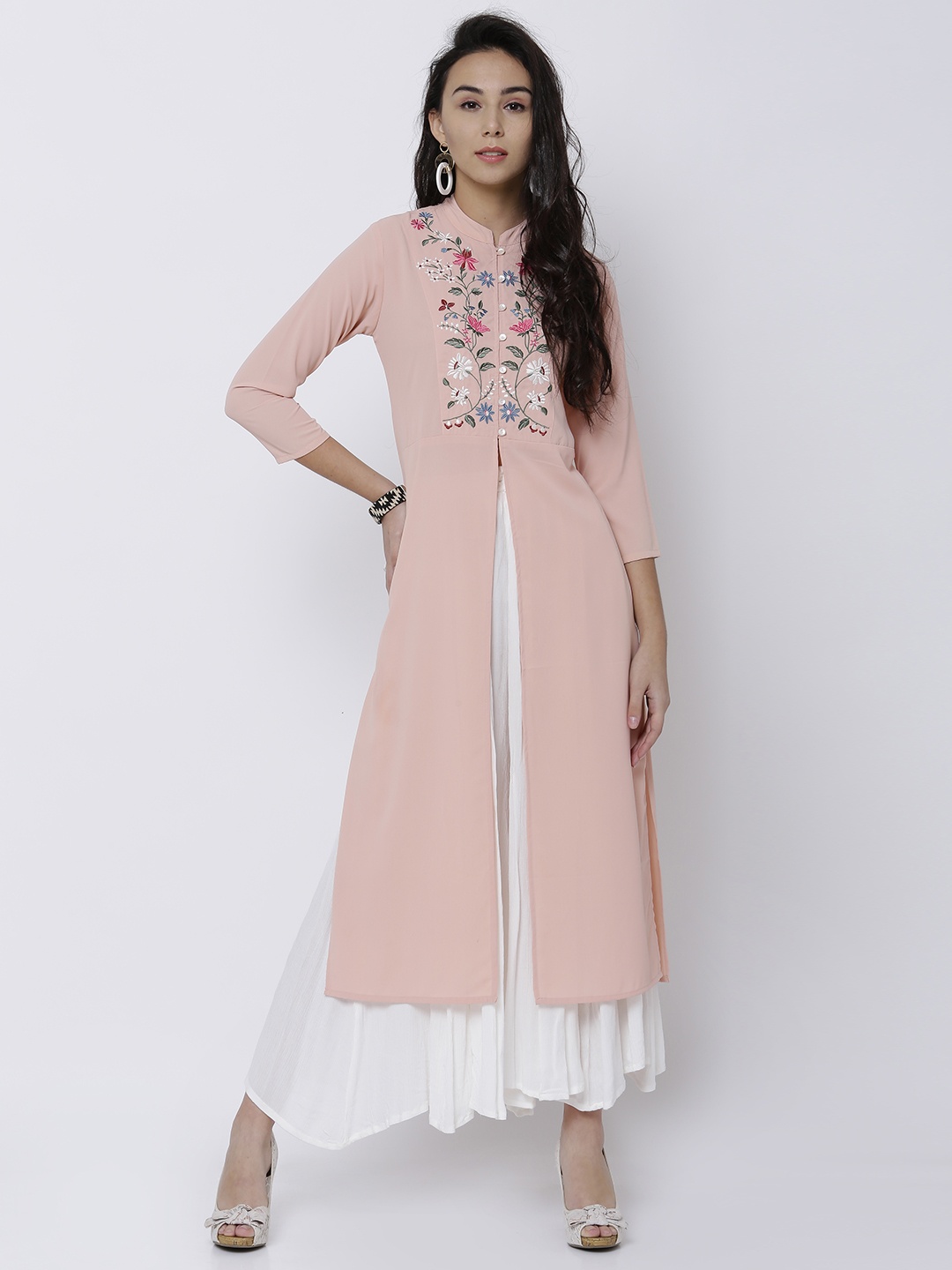 

Vishudh Women Peach-Coloured Embroidered Straight Kurta