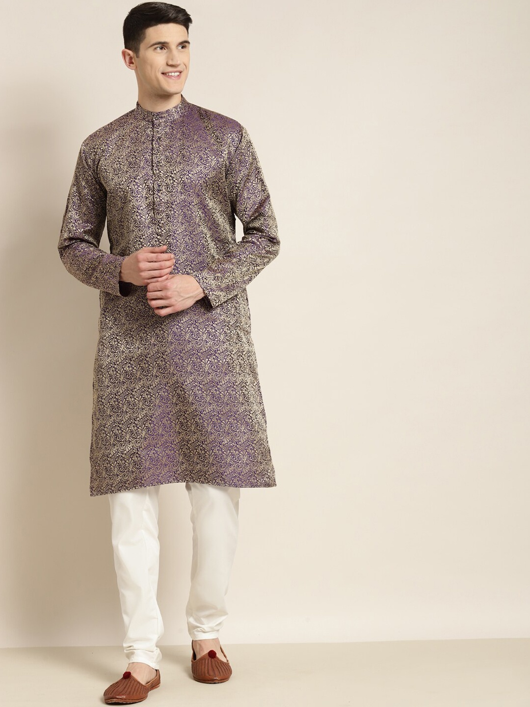 

SOJANYA Ethnic Motif Woven Design Mandarin Collar Straight Kurta With Churidar, Purple
