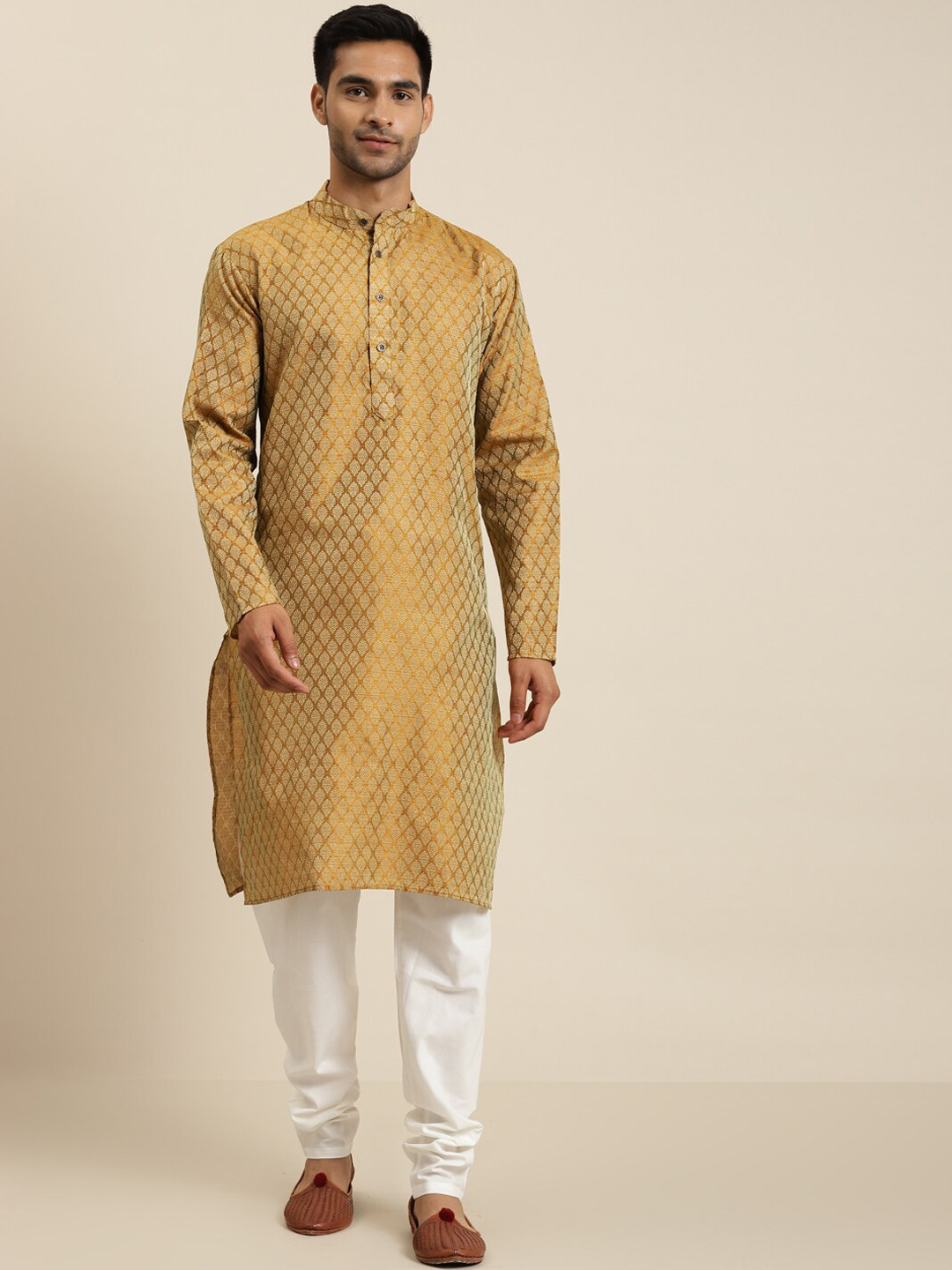 

SOJANYA Ethnic Motif Woven Design Mandarin Collar Straight Kurta With Churidar, Mustard