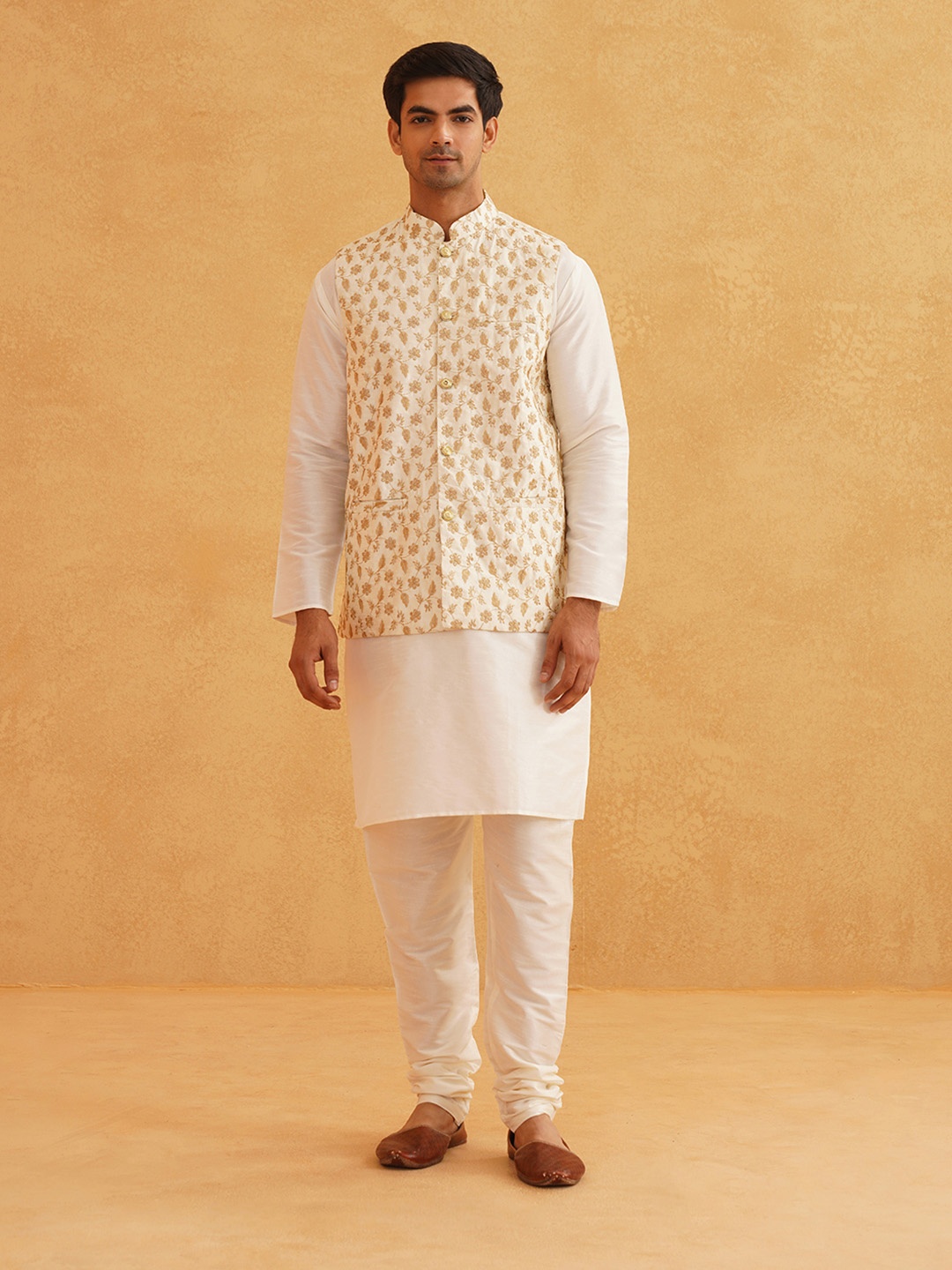 

SOJANYA Mandarin Collar Kurta With Churidar & Nehru Jacket, Cream