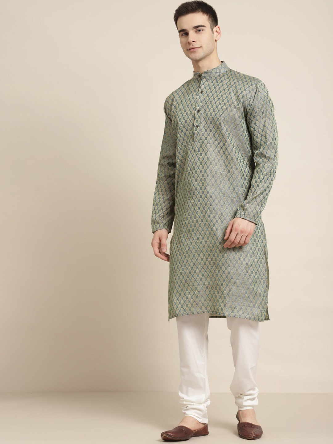 

SOJANYA Ethnic Motif Woven Design Mandarin Collar Kurta With Churidar, Green