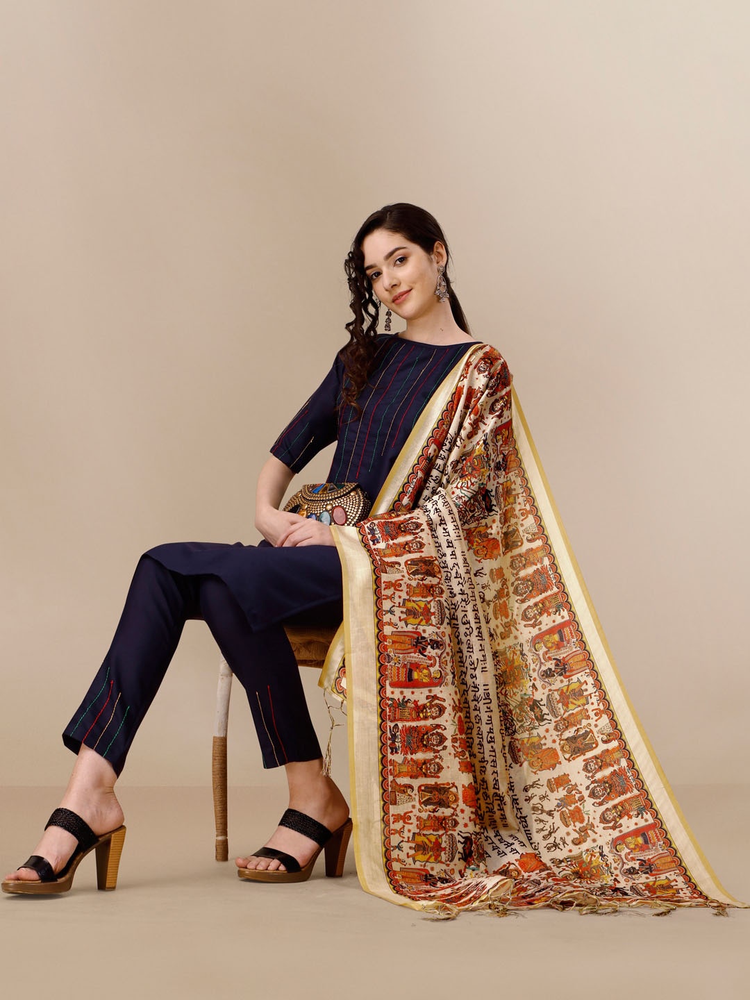 

KALINI Women Striped Kurta with Trousers with Digital Print Dupatta, Navy blue