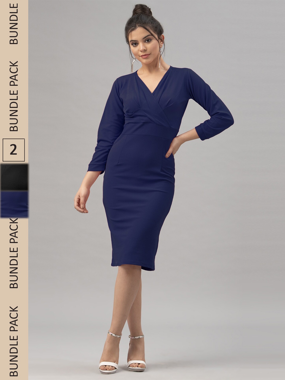 

Selvia Pack Of 2 V-Neck Long Sleeves Wrap Dress, Navy blue