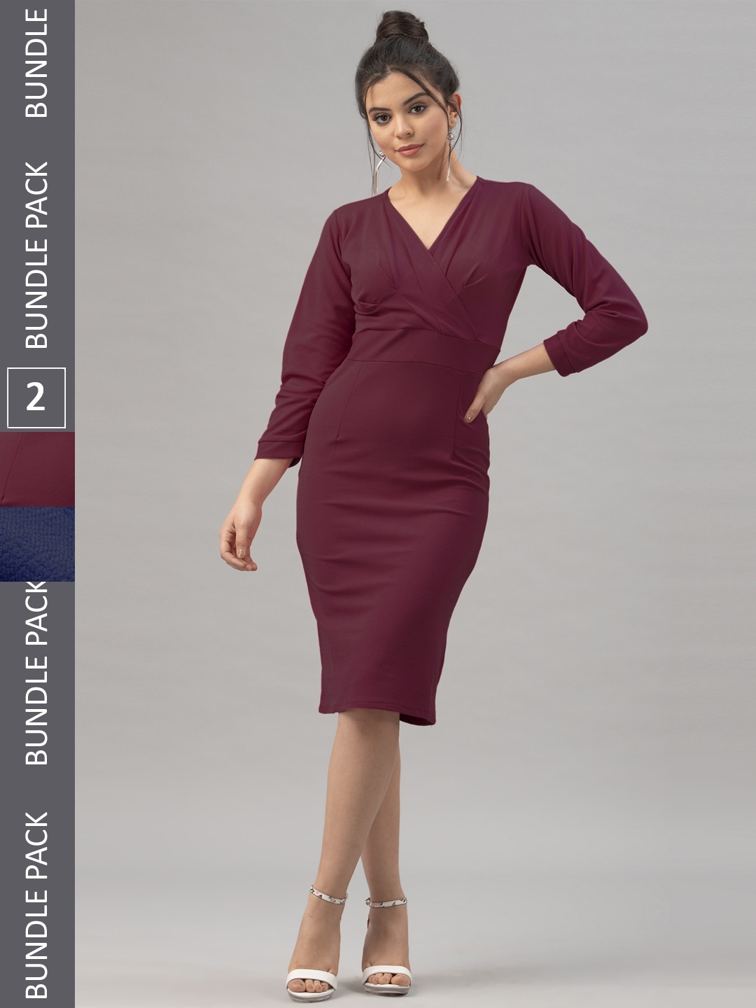 

Selvia Pack Of 2 V-Neck Long Sleeves Wrap Dress, Burgundy